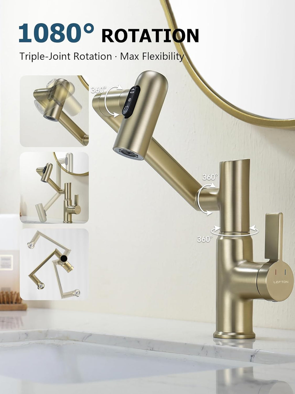 Lefton Rotatable Bathroom Faucet with Temperature Display in Fahrenheit (Batteries-Free), 3 Water Modes, Brushed Gold, BF2204-6