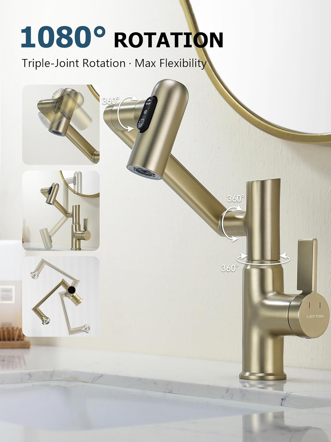 Lefton Rotatable Bathroom Faucet with Temperature Display in Fahrenheit (Batteries-Free), 3 Water Modes, Brushed Gold, BF2204-6