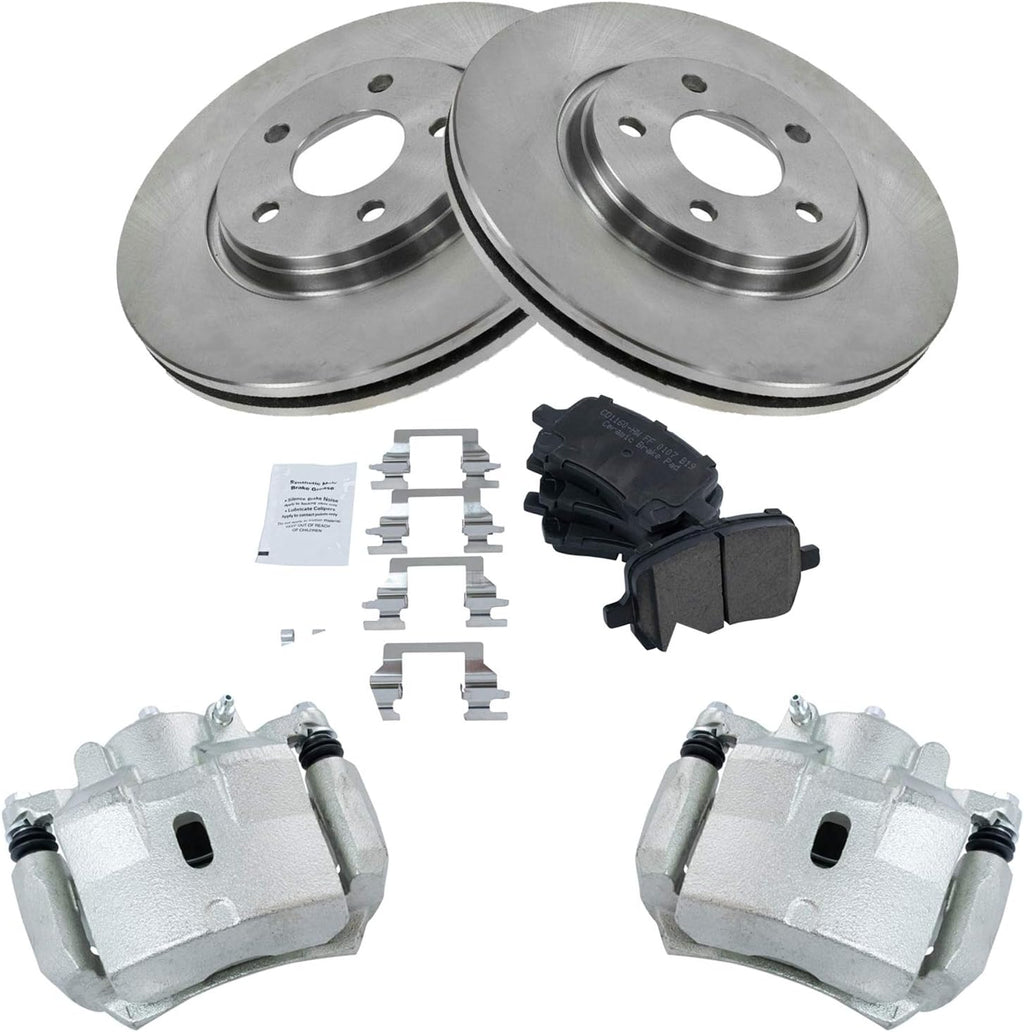 TRQ Front Brake Pad and Rotor Set Ceramic Vented Rotors Calipers Compatible with 2007-2012 Chevrolet Malibu 2007-2010 Pontiac G6 2007-2009 Saturn Aura