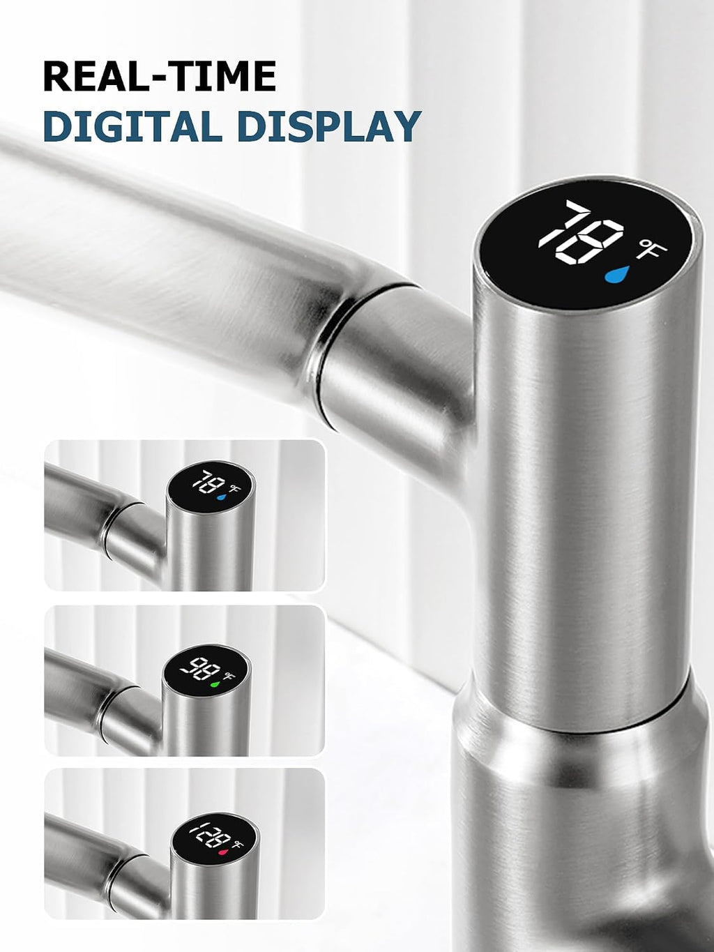 Lefton Rotatable Bathroom Faucet with Temperature Display in Fahrenheit (Batteries-Free), 3 Water Modes, Brushed Nickel, BF2204-0