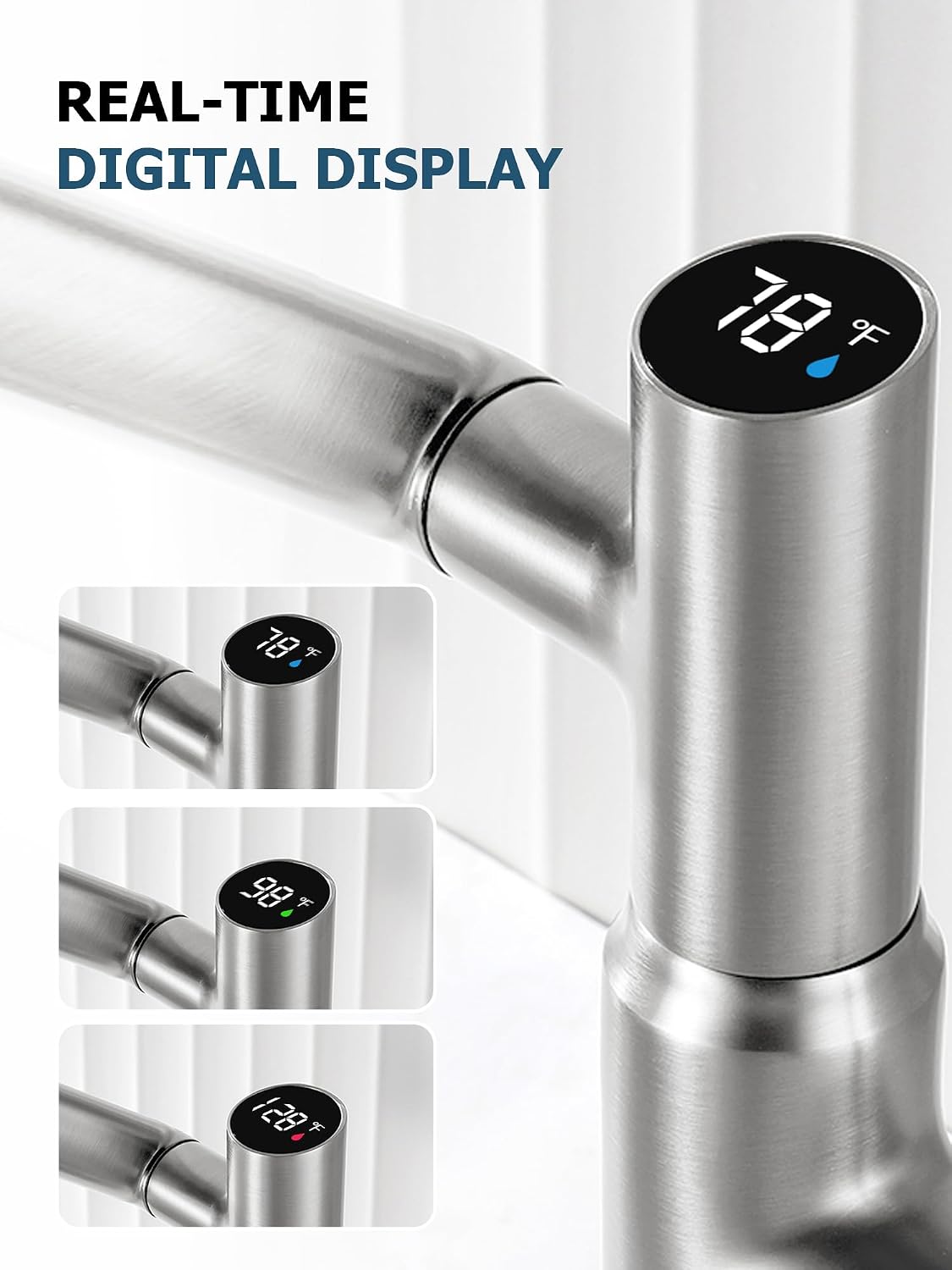 Lefton Rotatable Bathroom Faucet with Temperature Display in Fahrenheit (Batteries-Free), 3 Water Modes, Brushed Nickel, BF2204-0