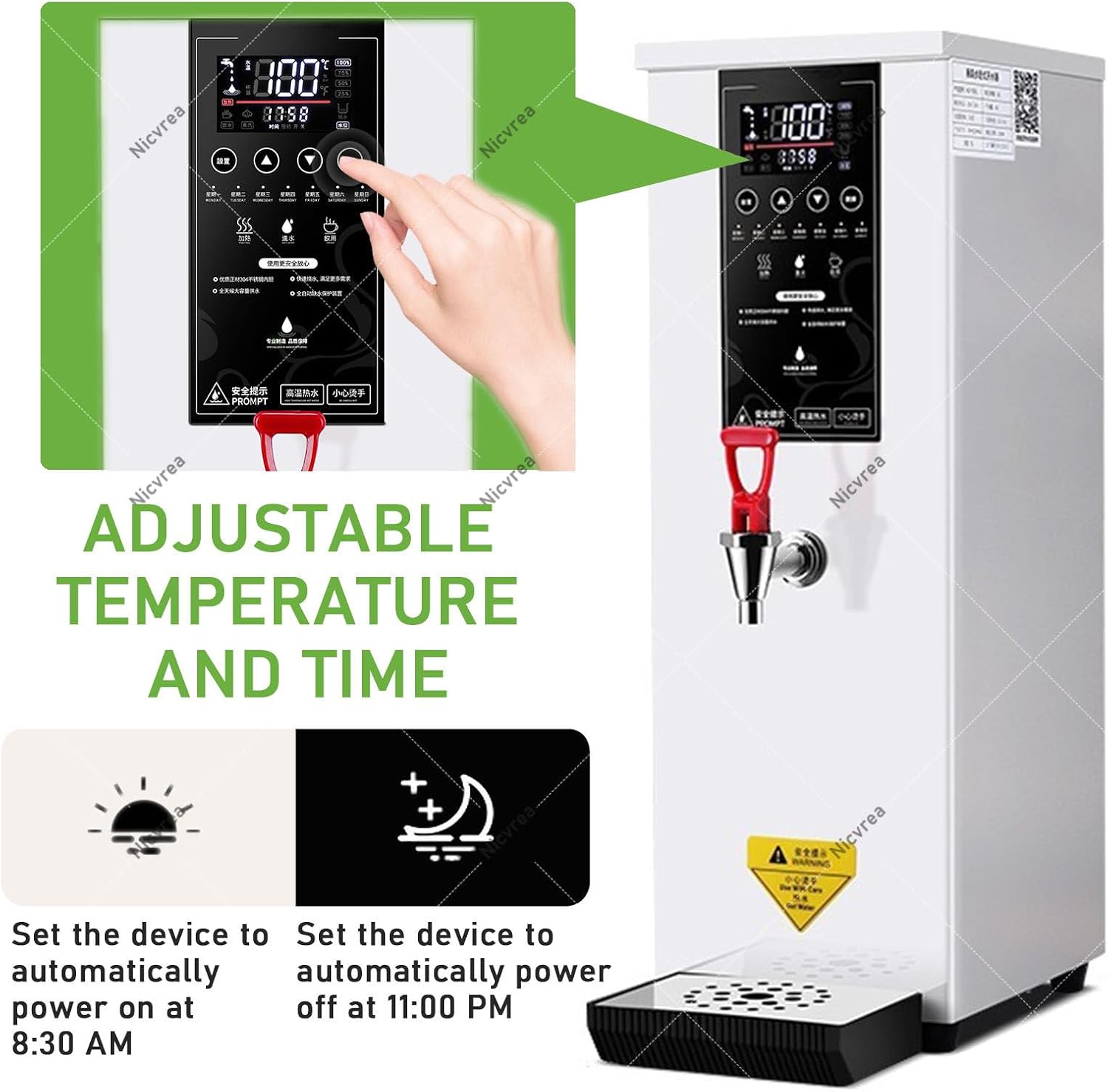 Hot Water Dispenser, 1000W Commercial Hot Water Boiler, 60L/H Large Hot Beverage Dispenser with 304 Stainless Steel Inner, HD LED Screen for Hotels, Restaurants, Bars Silver