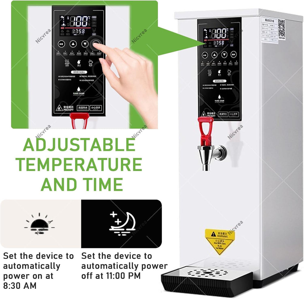 1000W Commercial Hot Water Dispenser Countertop, 25L(6.6Gal) /H Step-Heating Stainless Steel Water Boiler with Temperature Adjust for Boba Tea Office Restaurant Hotel Silver