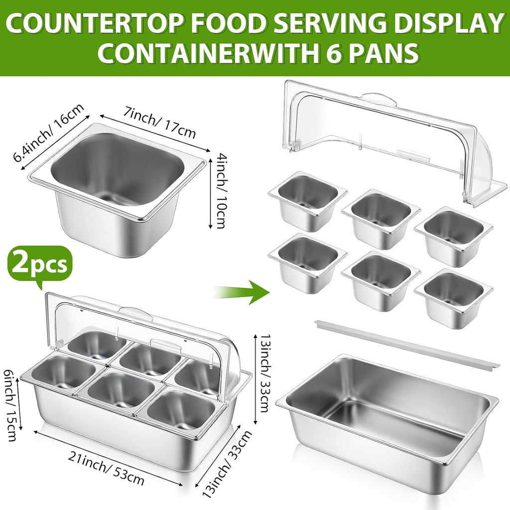 Ziliny 2 Pack Countertop Food Serving Display Container Stainless Steel Food Serving Tray Buffet Condiment Dispenser Display Rack with Clear Roll Top Cover for Buffet(6 Pan and 6 Pan)