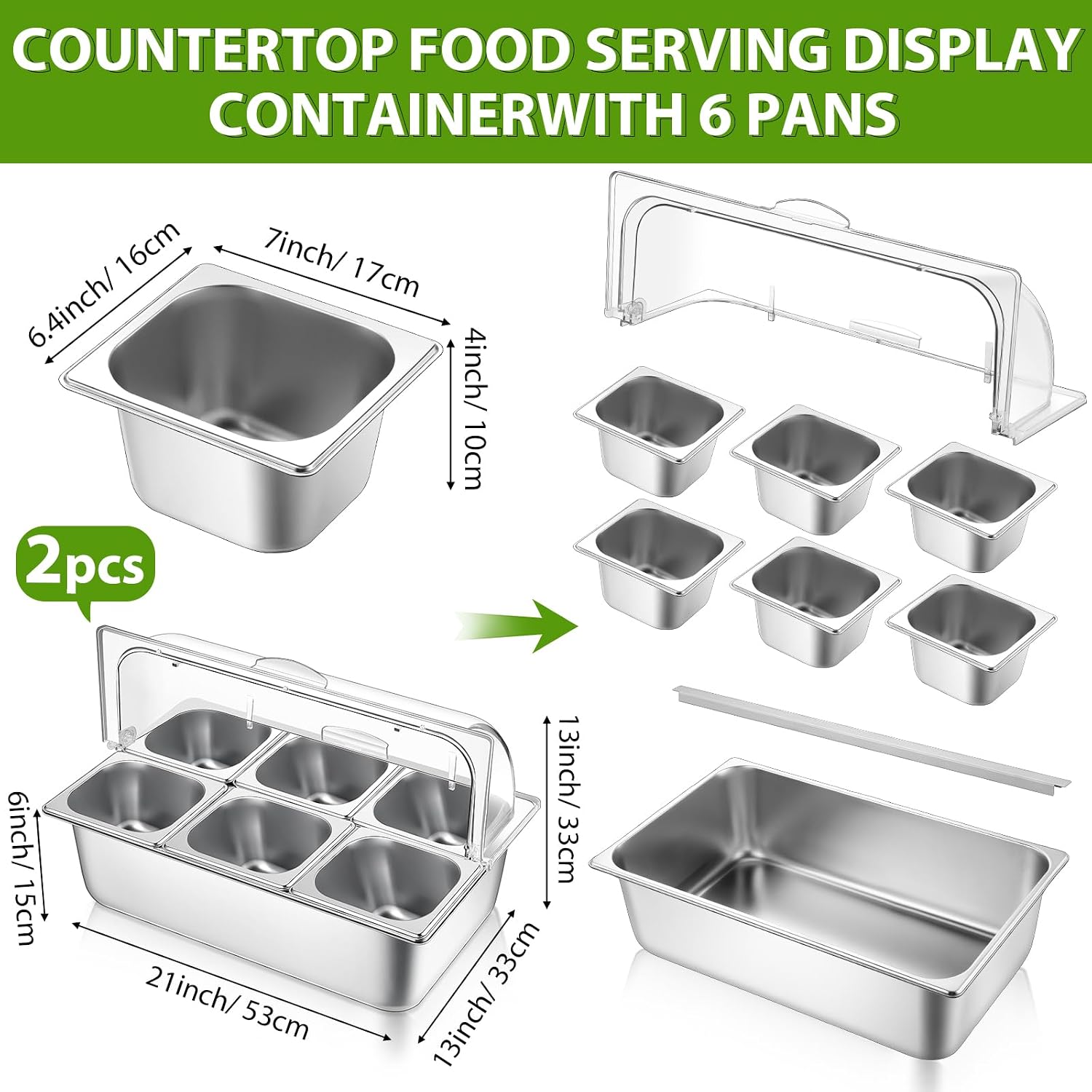Ziliny 2 Pack Countertop Food Serving Display Container Stainless Steel Food Serving Tray Buffet Condiment Dispenser Display Rack with Clear Roll Top Cover for Buffet(6 Pan and 6 Pan)