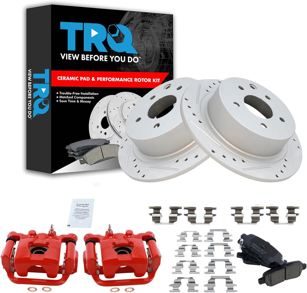 TRQ Performance Rear Brake Pad and Rotor Set Ceramic Coated Drilled Slotted Vented Rotors Calipers Red Compatible with 2009-2012 Nissan Altima 2007-2008 Maxima
