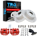 TRQ Performance Rear Brake Pad and Rotor Set Ceramic Coated Drilled Slotted Vented Rotors Calipers Red Compatible with 2009-2012 Nissan Altima 2007-2008 Maxima