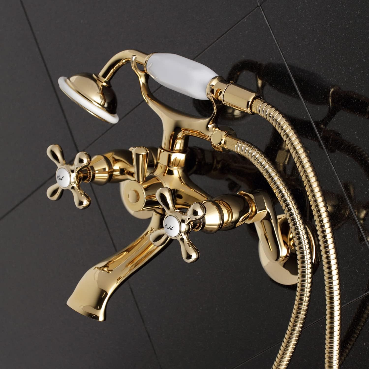 Kingston Brass KS266PB Kingston Wall Mount Clawfoot Tub Faucet with Hand Shower, Polished Brass