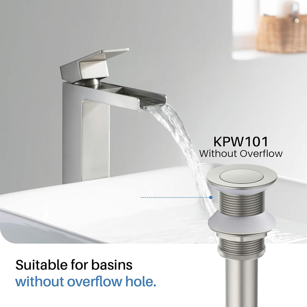 KIBI Solid Brass Single Handle Single Hole Circular Faucet for Bathroom Sink with Pop Up Drain | High Arc Faucet Spout Design | Corrosion and Rust Resistant (Brushed Nickel, KBF1009)
