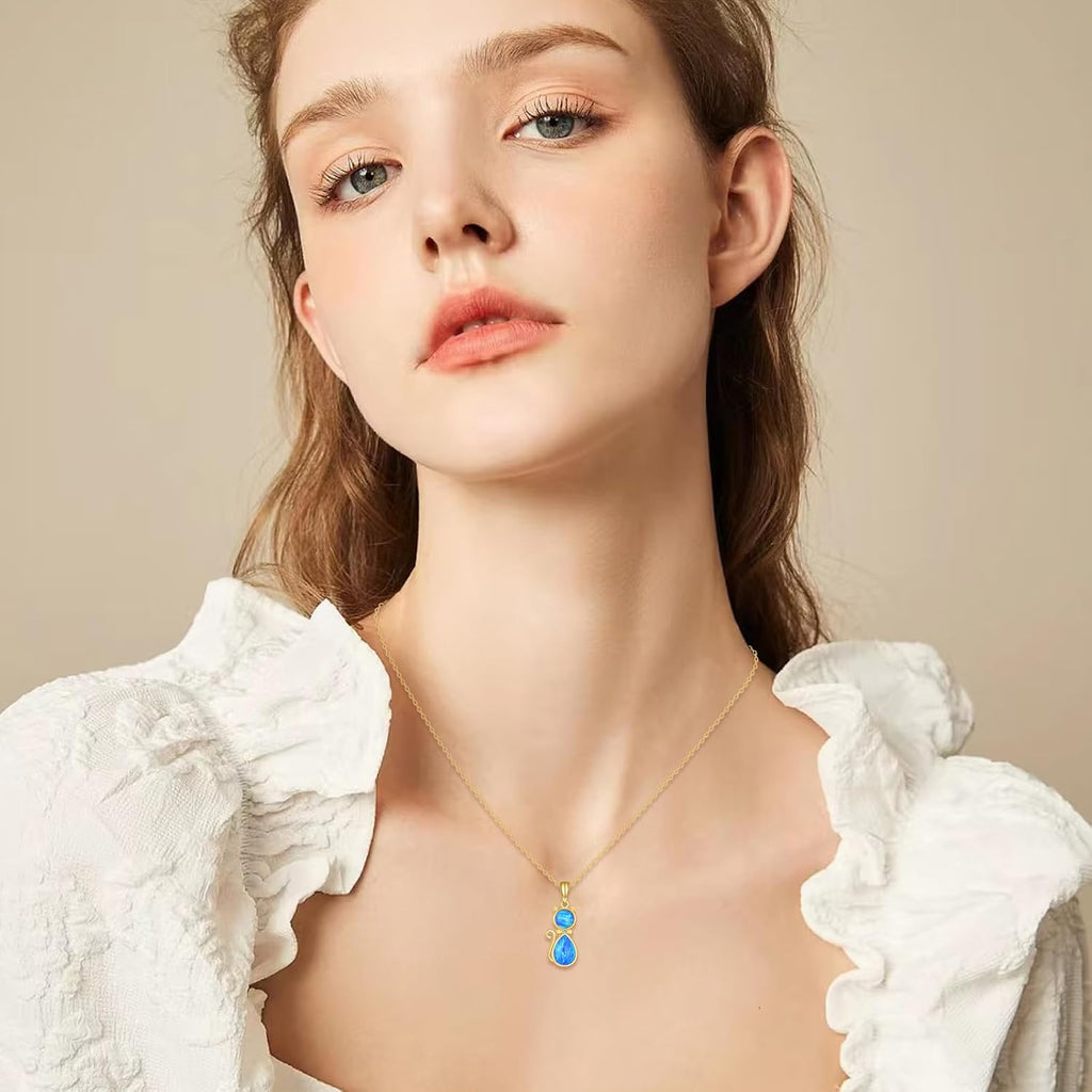 DOVRAN 14K Solid Gold Cat/Butterfly/Heart/Teardrop Necklace for Women 14K Gold Opal/Lapis Lazuli/Black Onyx Pendant Jewelry Gift for Women