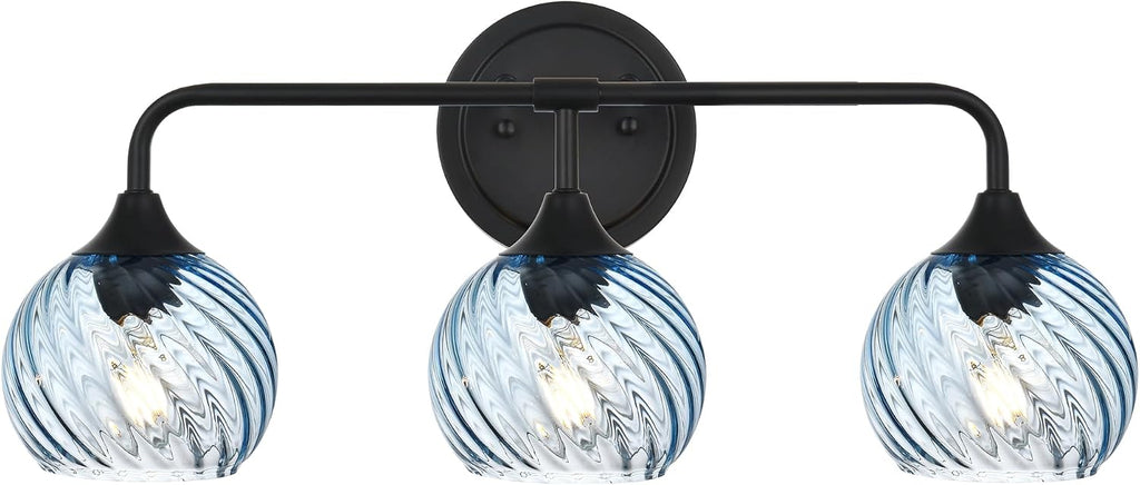 MELUCEE 25 Inch Bathroom Light Fixtures Black, 3-Light Vanity Lights with Blue Striped Swirl Glass Shade, Mid-Century Modern Bathroom Vanity Light Over Mirror