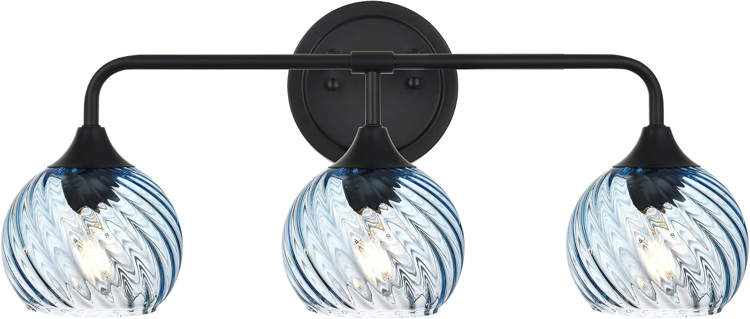 MELUCEE 25 Inch Bathroom Light Fixtures Black, 3-Light Vanity Lights with Blue Striped Swirl Glass Shade, Mid-Century Modern Bathroom Vanity Light Over Mirror