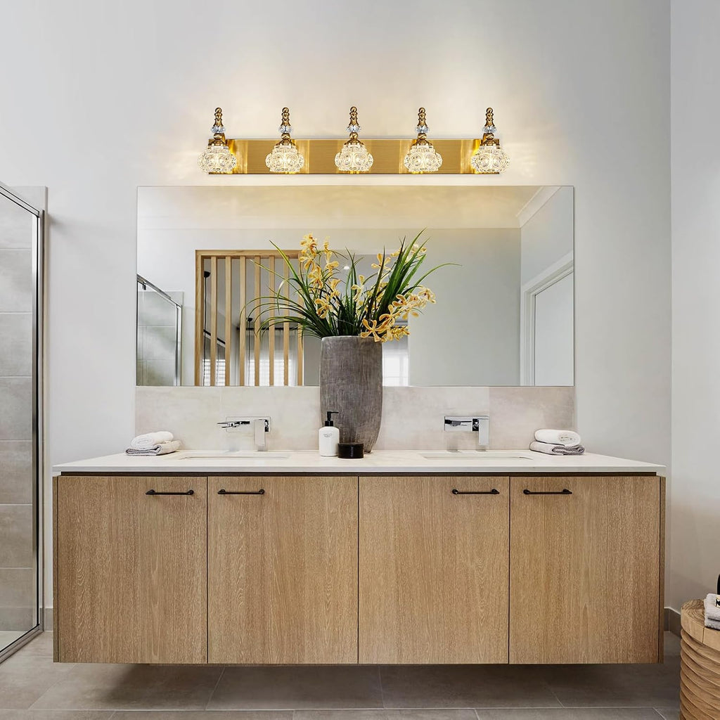 Modern Glass Crystal Vanity Light - Vintage Bathroom Lighting Fixtures Over Mirror, 5 Light Vanity Lights G9 Bulb (35.43 Inch, Gold)