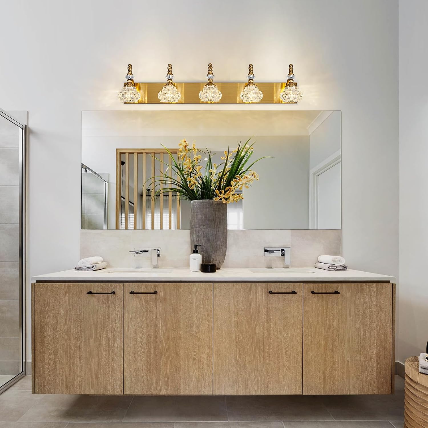 Modern Glass Crystal Vanity Light - Vintage Bathroom Lighting Fixtures Over Mirror, 5 Light Vanity Lights G9 Bulb (35.43 Inch, Gold)