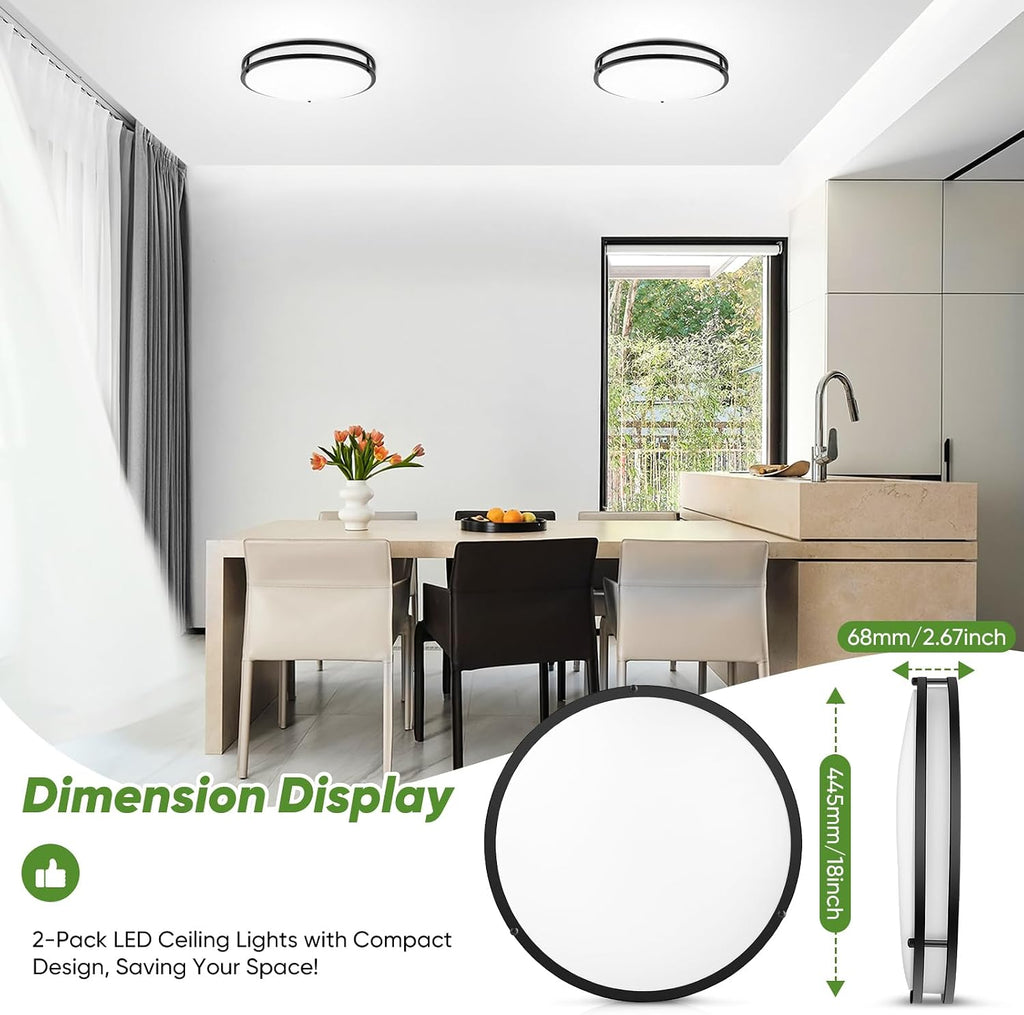 18inch 50W LED Flush Mount Ceiling Lights 5600lm Super Bright, Dimmable LED Ceiling Light Fixtures 2700K-6500K 5CCT Adjusted, 2-Pack Modern Black Light Fixture Ceiling for Living Room Bedroom Kitchen
