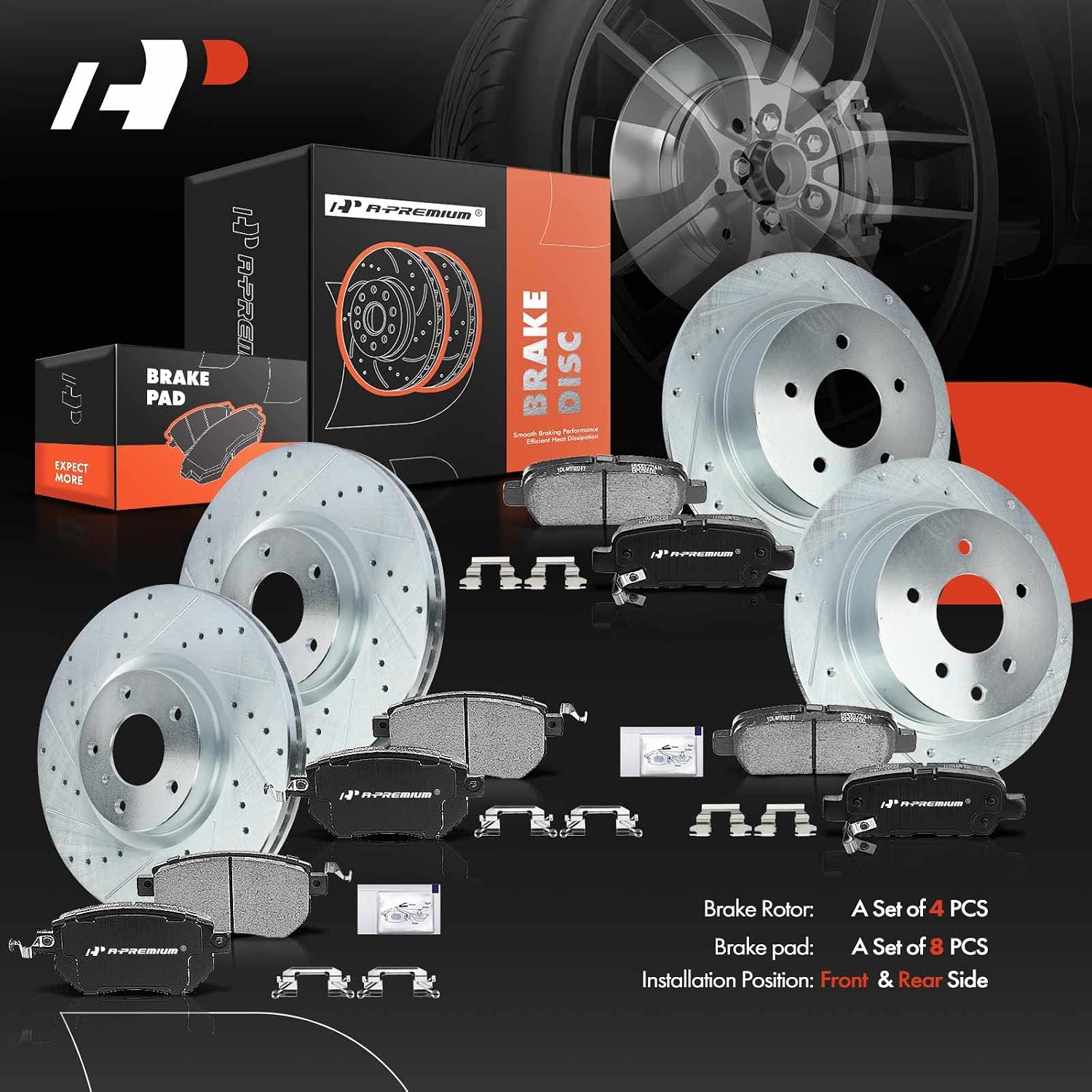 A-Premium Front and Rear Drilled and Slotted Disc Brake Rotors + Ceramic Pads Kit Compatible with Select Nissan Models - Altima 2006, Maxima 2004-2008, 12-PC Set
