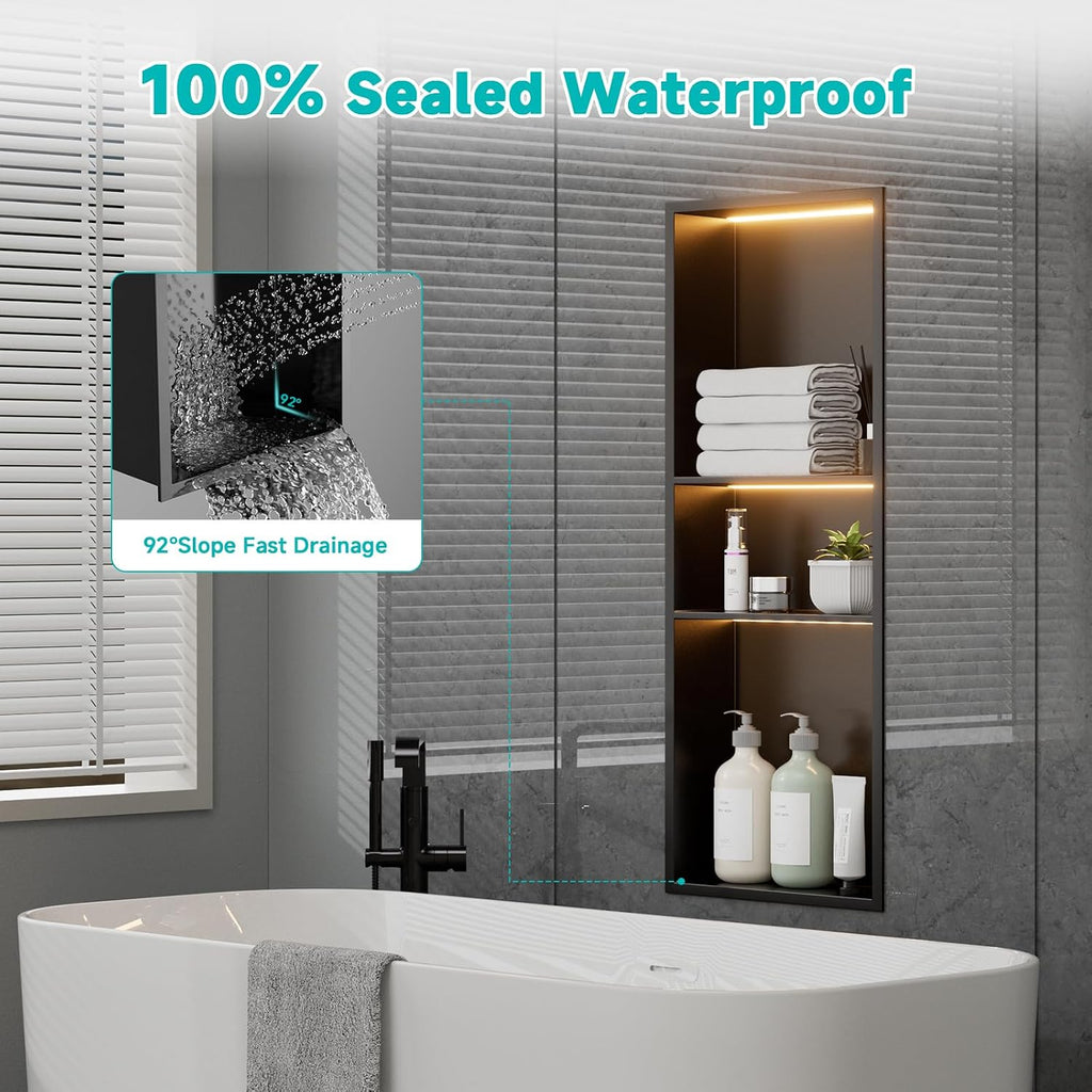 Black Stainless Steel Shower Niche with LED Lights 12' x 30' – Recessed Shower Shelf with 3-Tier Storage, Waterproof & Rustproof Bathroom Wall Niche