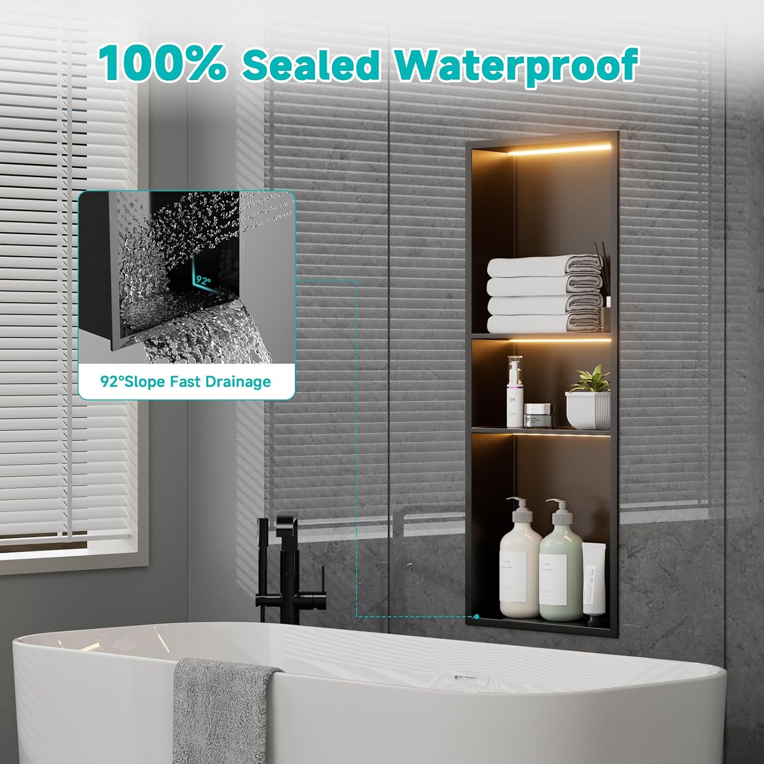 Black Stainless Steel Shower Niche with LED Lights 12' x 30' – Recessed Shower Shelf with 3-Tier Storage, Waterproof & Rustproof Bathroom Wall Niche