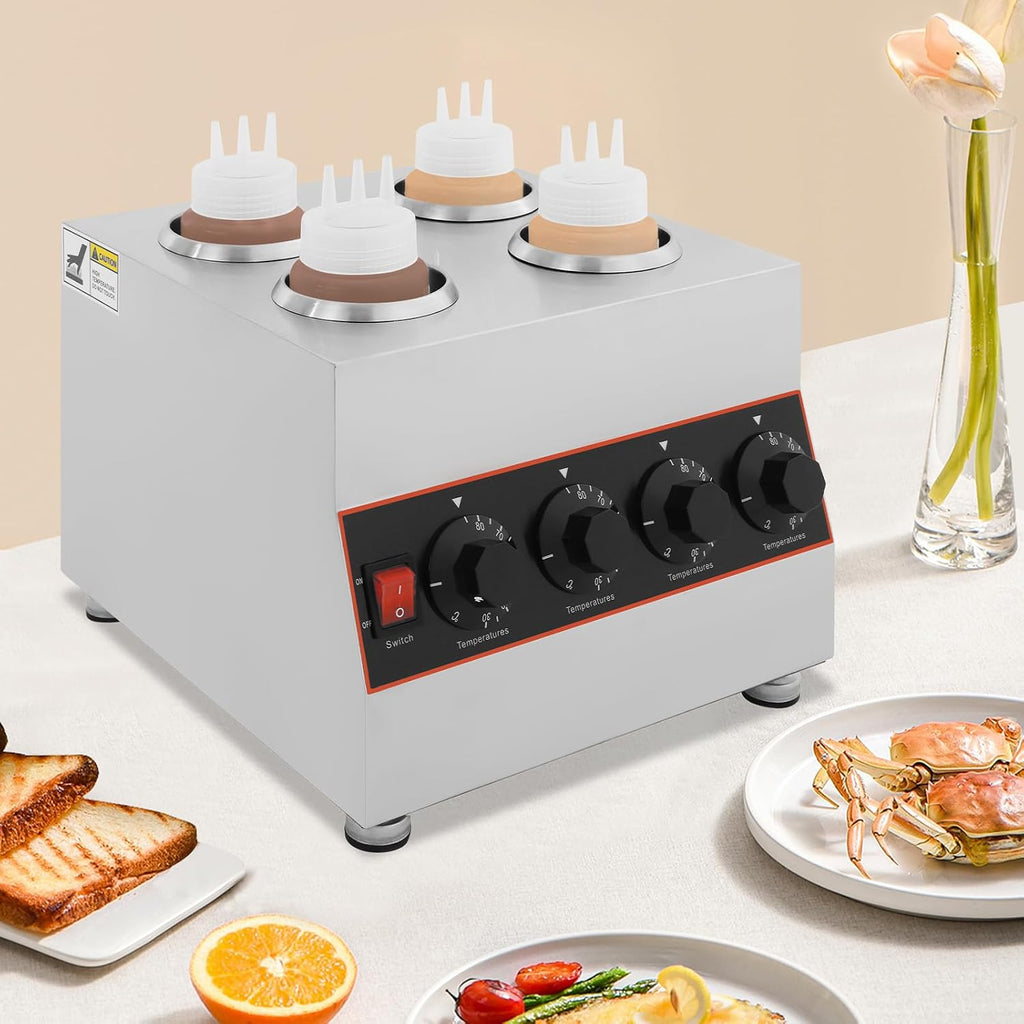 Electric Sauce Warmer Dispenser, 4 Bottle Stainless Steel Countertop Chocolate & Cheese Warmer Machine with Adjustable Temperature (86-185°F), Water Bath Heating for Restaurants, Home, Cafes