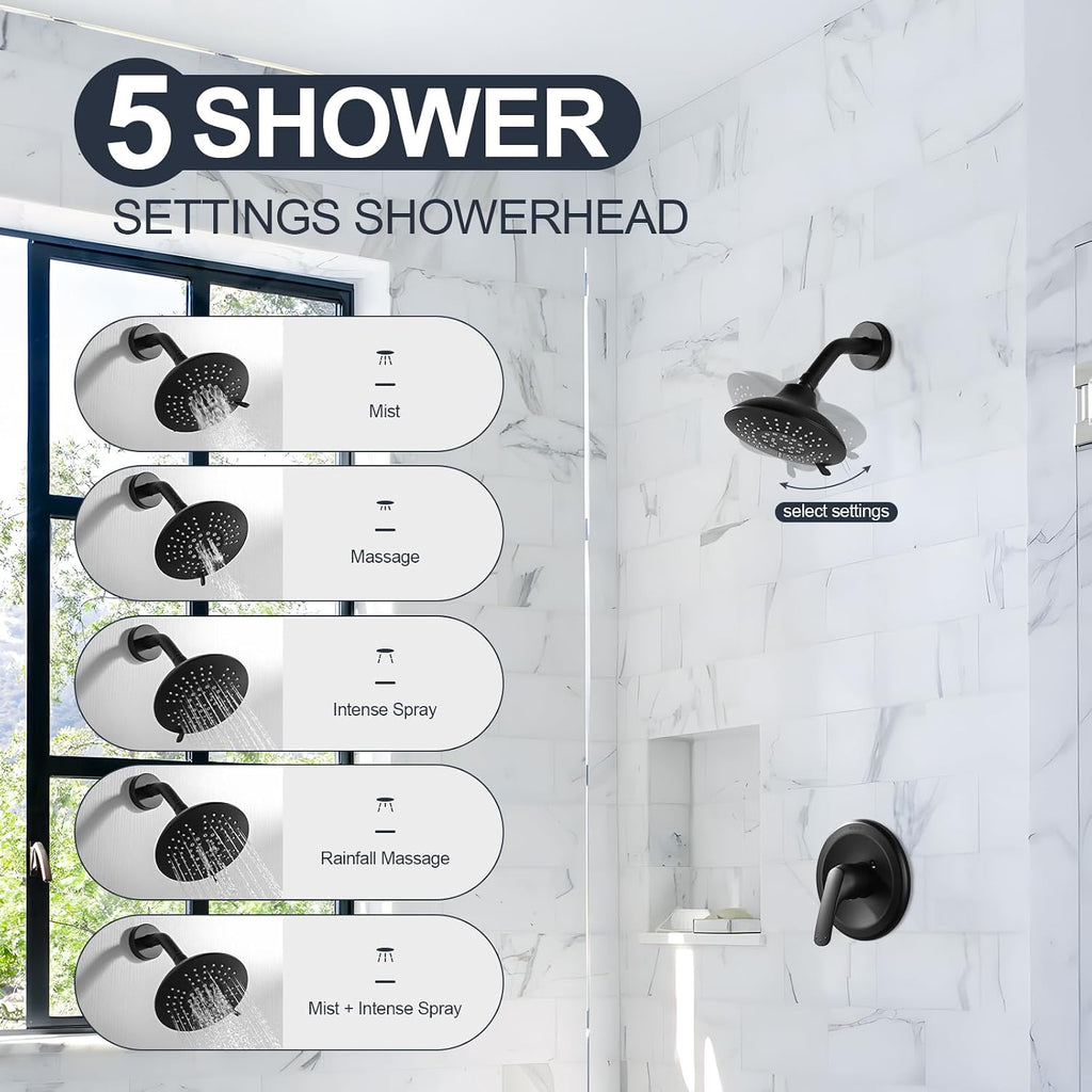 Shower Faucet with Valve, Black Bathroom Tub Shower Faucet Kit, Single Handle Rain Shower Head with Tub Spout, Solid Brass Shower Tub Faucet Set Complete, Bathtub Faucet with Shower