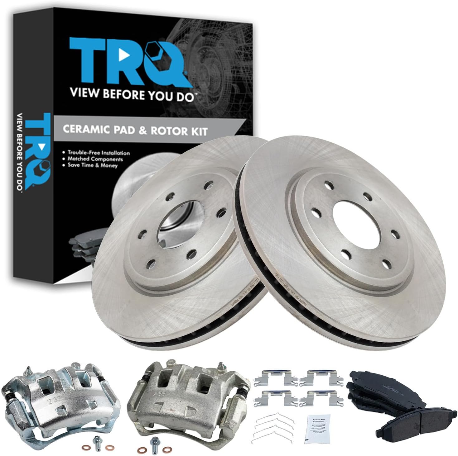TRQ Front Brake Pad and Rotor Set Ceramic Vented Rotors Calipers Compatible with 2005-2018 Nissan Frontier 2009-2012 Suzuki Equator