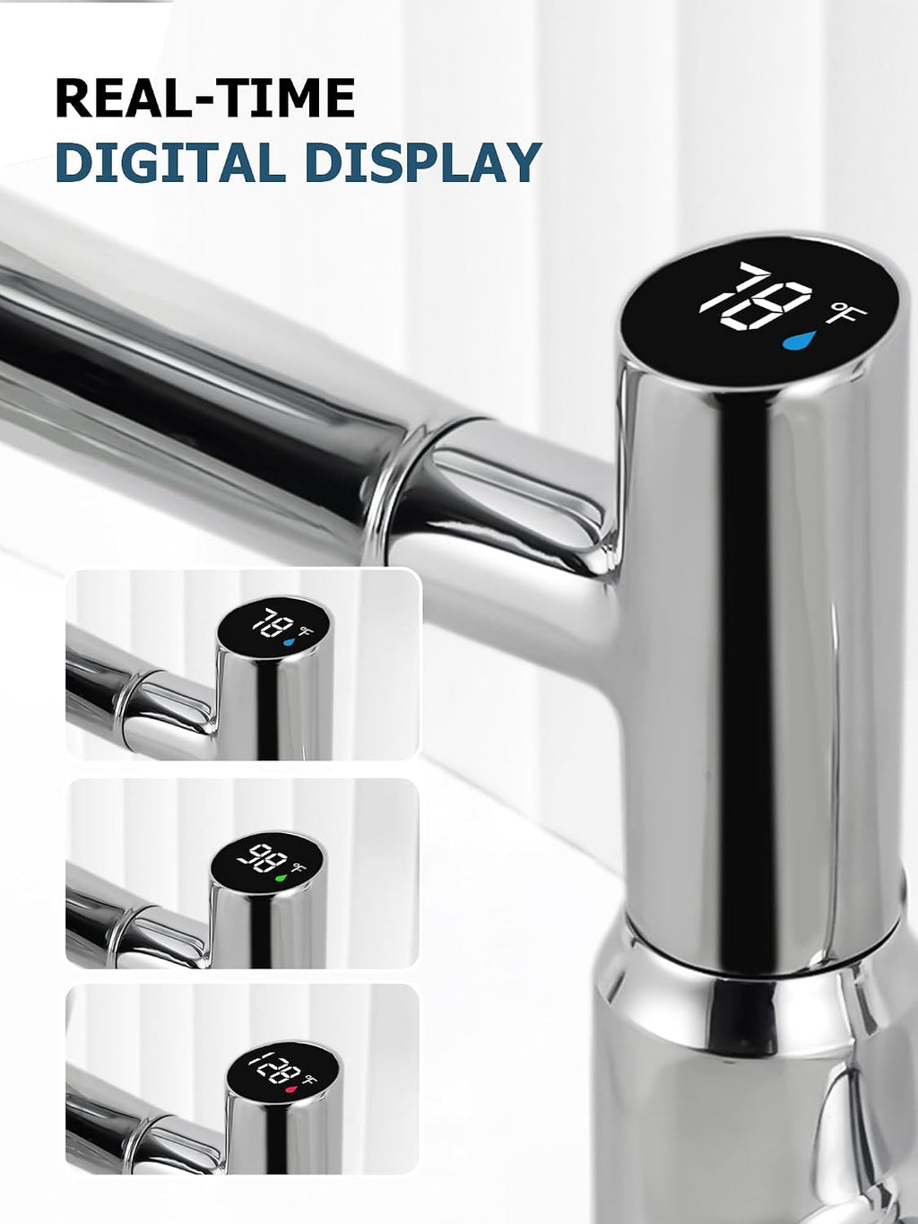 Lefton Rotatable Bathroom Faucet with Temperature Display in Fahrenheit (Batteries-Free), 3 Water Modes, Chrome, BF2204-1