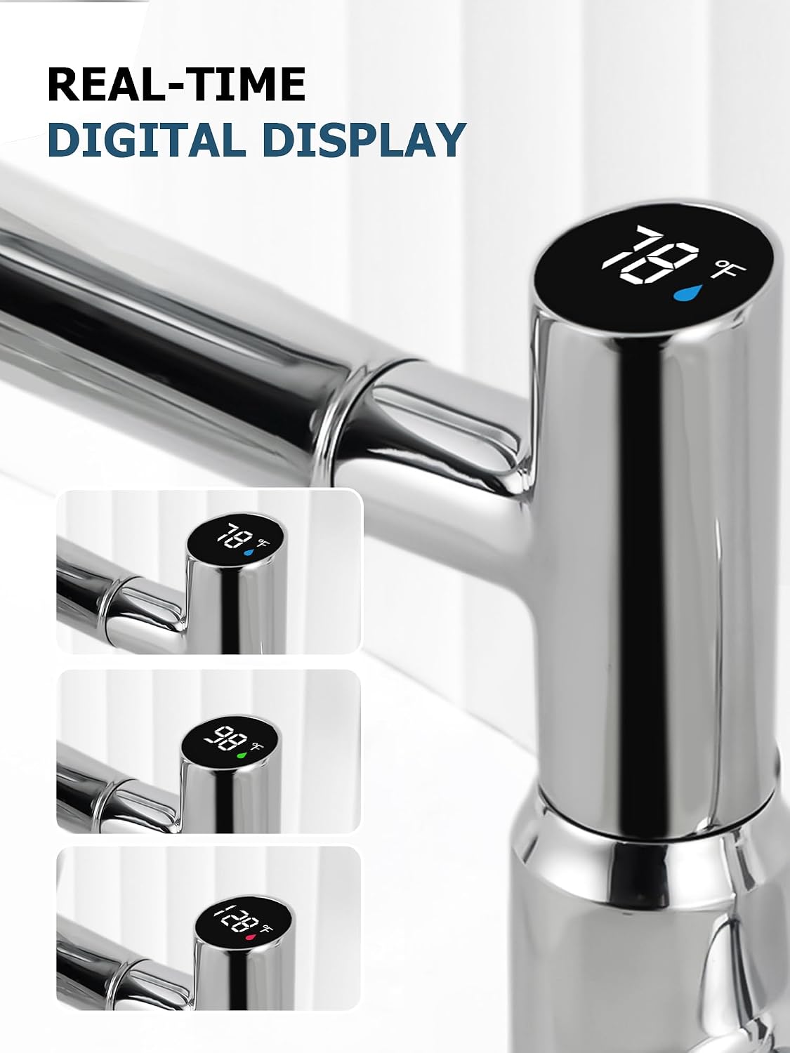 Lefton Rotatable Bathroom Faucet with Temperature Display in Fahrenheit (Batteries-Free), 3 Water Modes, Chrome, BF2204-1