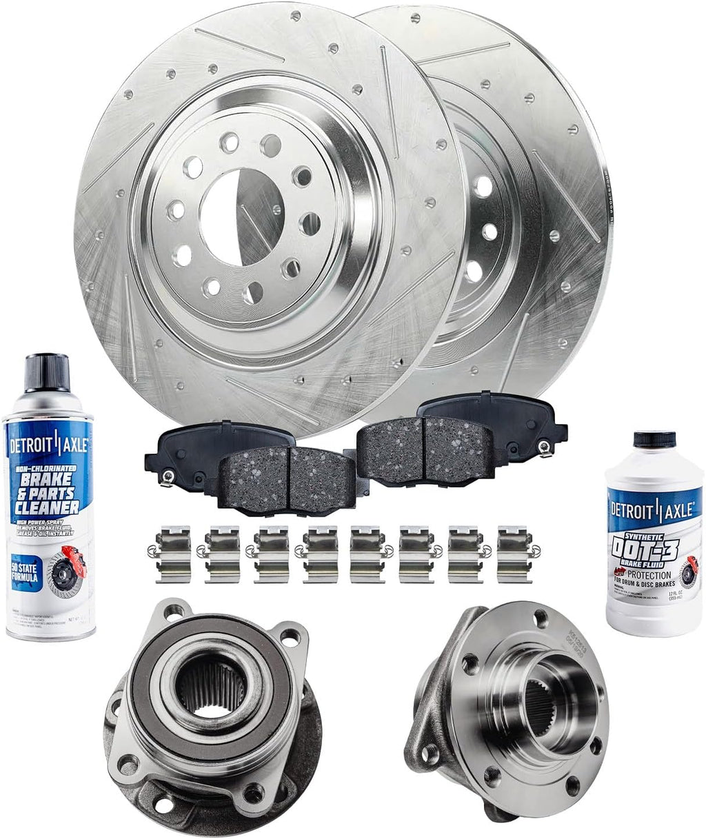 Detroit Axle - AWD Rear Brake Kit for 2014-2023 Jeep Cherokee, Drilled Slotted Brake Rotors Ceramic Brakes Pads Wheel Bearing Hubs 2015 2016 2017 2018 2019 2020 2021 Replacement : 12.60' inch Rotor