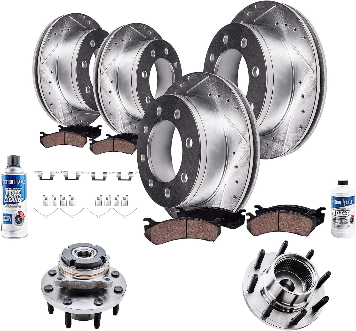 Detroit Axle - SRW Brake Kit for Ford 1999 2000 2001 F-250 F-350 Super Duty Front Rear Drilled and Slotted Disc Brake Rotors Ceramic Brakes Pads Front Wheel Bearing Hubs Assembly Replacement