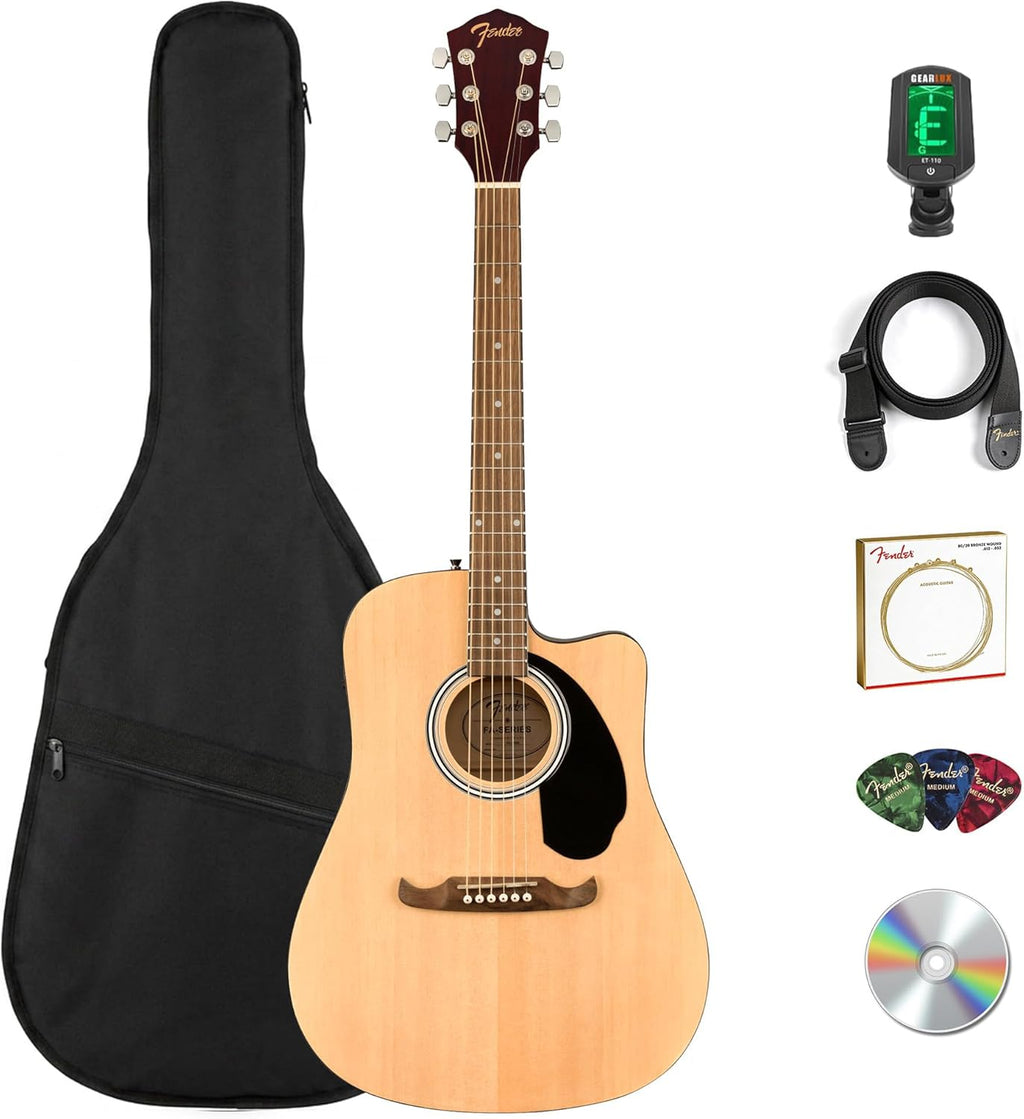 Fender FA-125CE Dreadnought Cutaway Acoustic-Electric Guitar - Natural Bundle with Gig Bag, Tuner, Strap, Strings, Picks, and Austin Bazaar Instructional DVD
