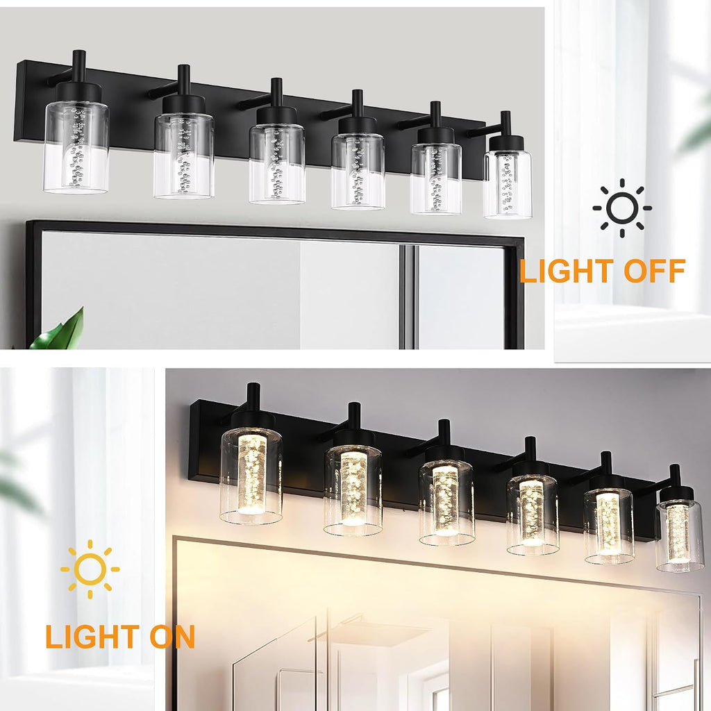 LED Bathroom Vanity Light Fixtures, 6 Light Indoor Wall Sconces Lighting with Clear Glass Shade and Crystal Bulb Black Lights for Mirror, Kitchen, Living Room, Gallery(LED Bulbs Included)