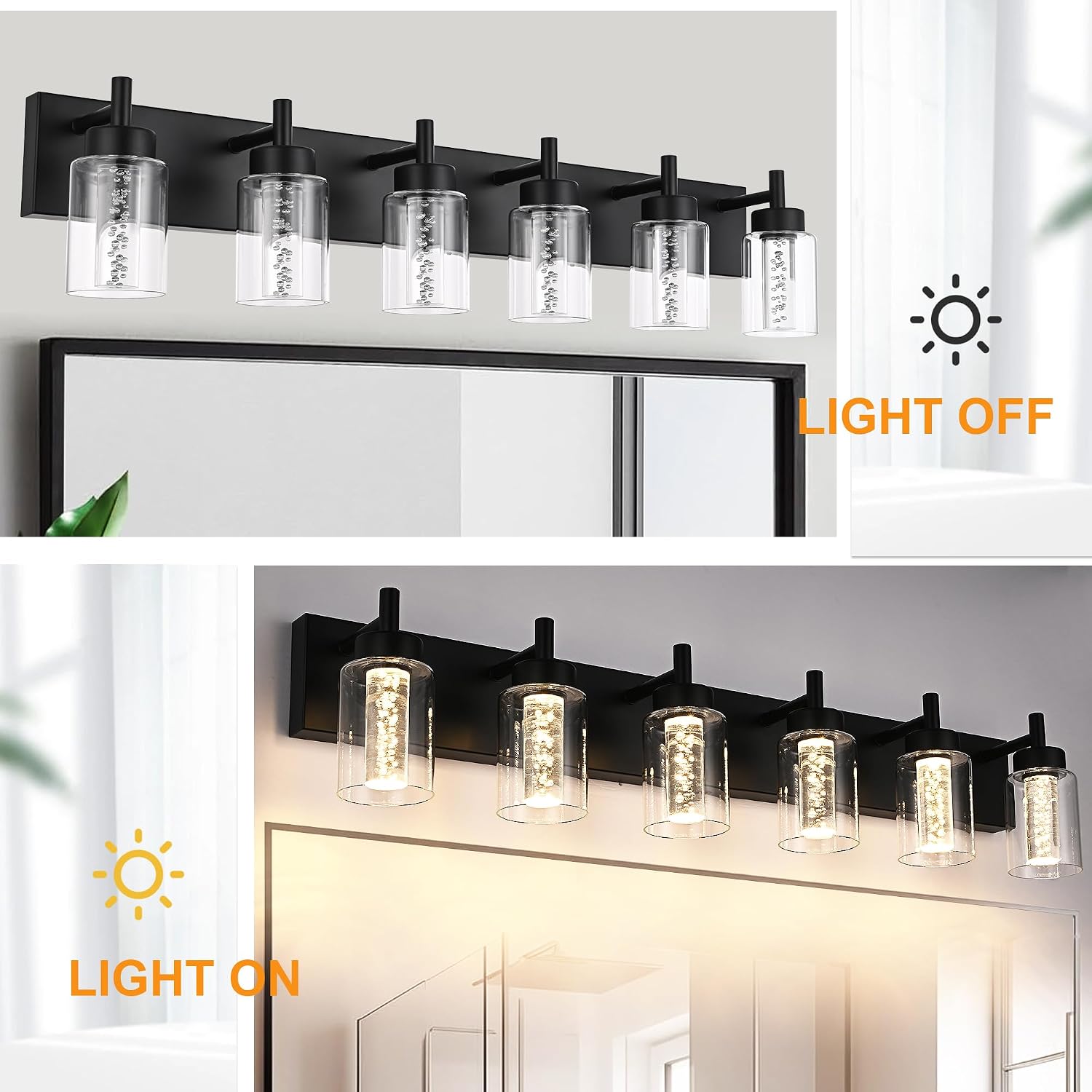 LED Bathroom Vanity Light Fixtures, 6 Light Indoor Wall Sconces Lighting with Clear Glass Shade and Crystal Bulb Black Lights for Mirror, Kitchen, Living Room, Gallery(LED Bulbs Included)