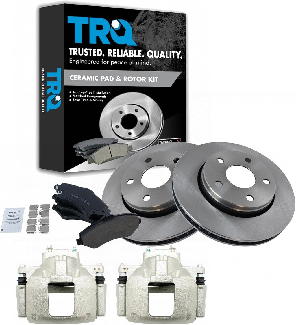 TRQ Front Brake Pad and Rotor Set Ceramic Vented Rotors Calipers Compatible with 2007-2012 Jeep Wrangler