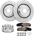 Detroit Axle - Front Drilled Rotors & Brake Pads + Right Caliper Replacement for Toyota Highlander Lexus RX350 NX300 NX300h RX450h NX200t - 5pc Set