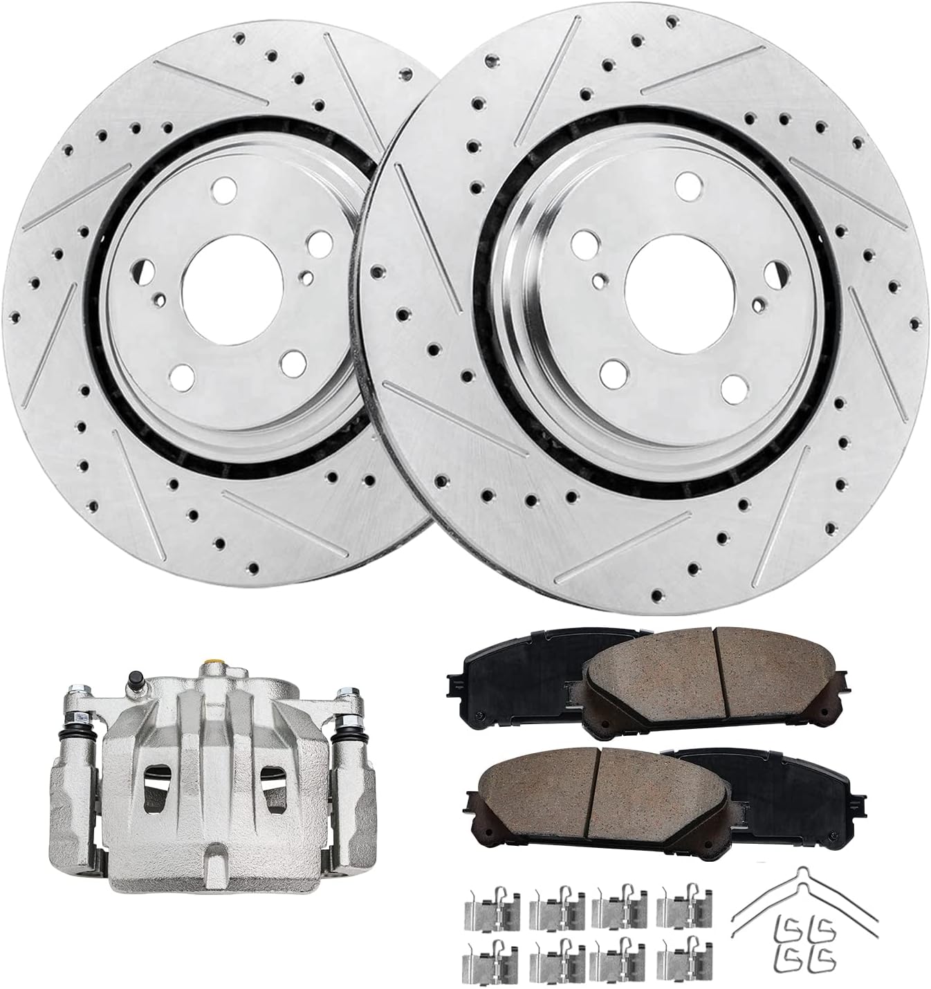 Detroit Axle - Front Drilled Rotors & Brake Pads + Right Caliper Replacement for Toyota Highlander Lexus RX350 NX300 NX300h RX450h NX200t - 5pc Set