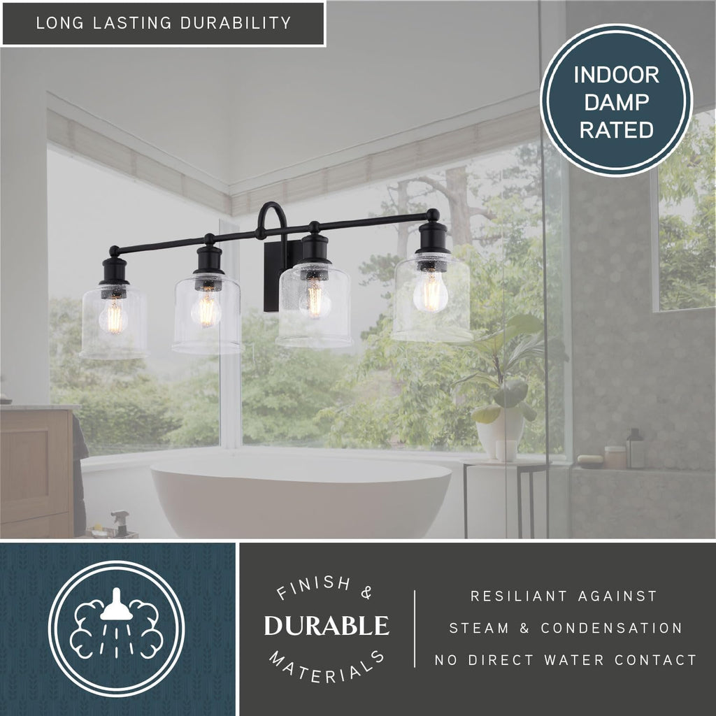 VAXCEL Northbrook 4-Light 32 in. Wide Matte Black Traditional Bathroom Vanity Lighting Fixture, Clear Seeded Glass Shade, Dimmable, LED Compatible, Over the Mirror Mounted Steel Wall Sconce
