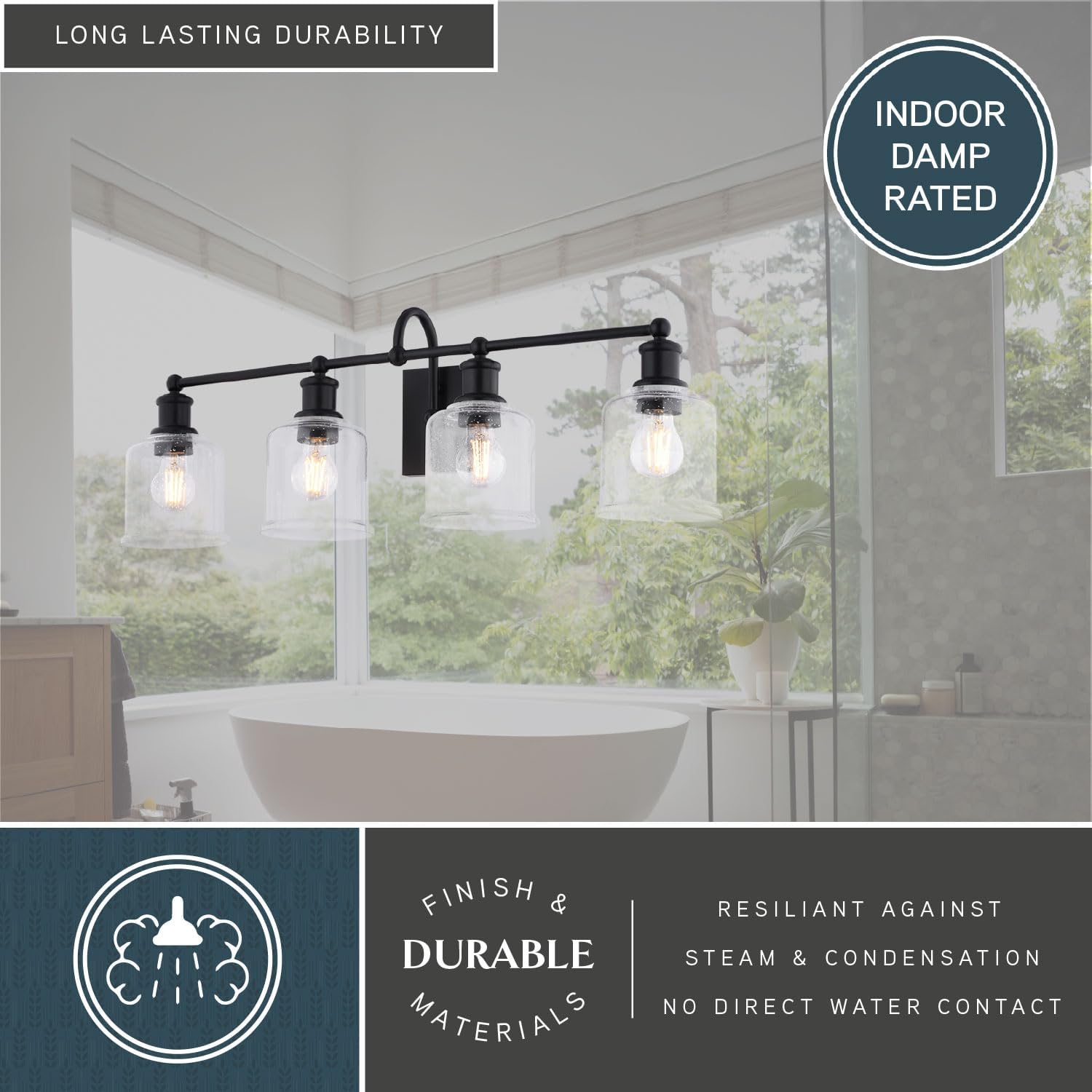 VAXCEL Northbrook 4-Light 32 in. Wide Matte Black Traditional Bathroom Vanity Lighting Fixture, Clear Seeded Glass Shade, Dimmable, LED Compatible, Over the Mirror Mounted Steel Wall Sconce