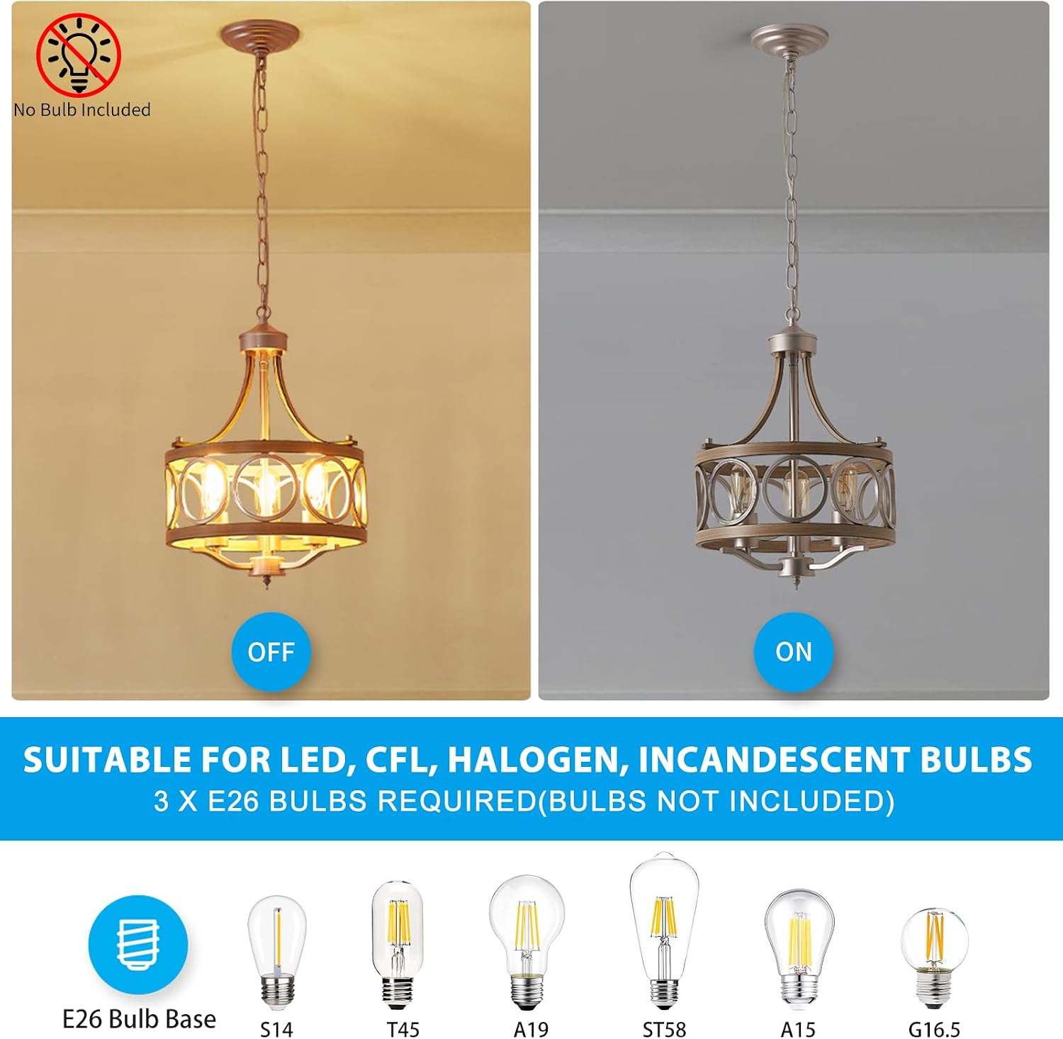 XINGQI 12.6' Modern Farmhouse Chandeliers Round 3-Light Dining Room Light Fixture Over Table Metal Drum Pendant Hanging Lamp Brushed Nickel and Wood Grain Finish for Entryway Bedroom Kitchen