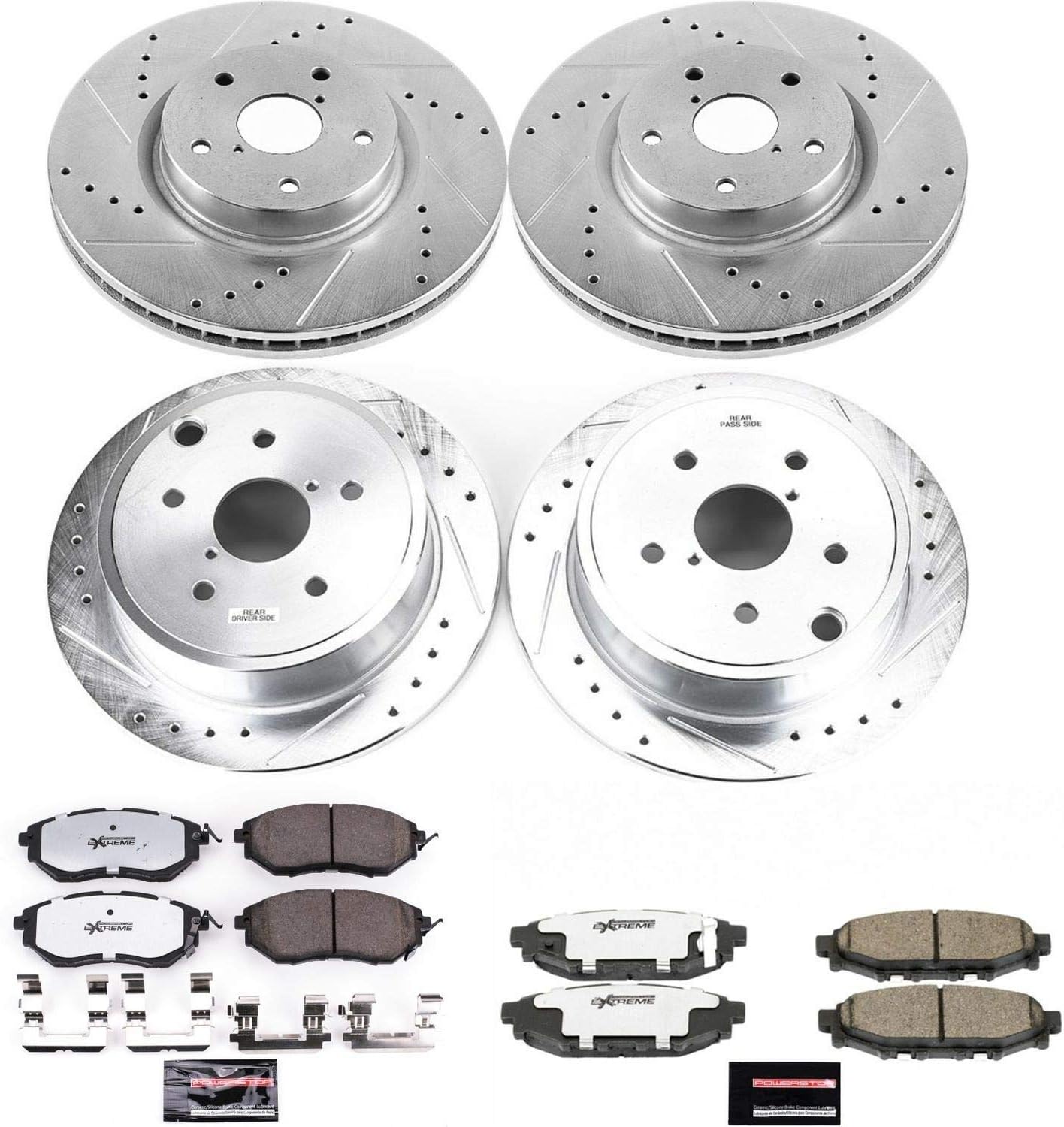 PowerStop Front and Rear Brake Kit for Subaru WRX 2015-21 - Carbon-Fiber Ceramic Z26 Brake Pads + Drilled & Slotted Rotors Upgrade, K6932-26