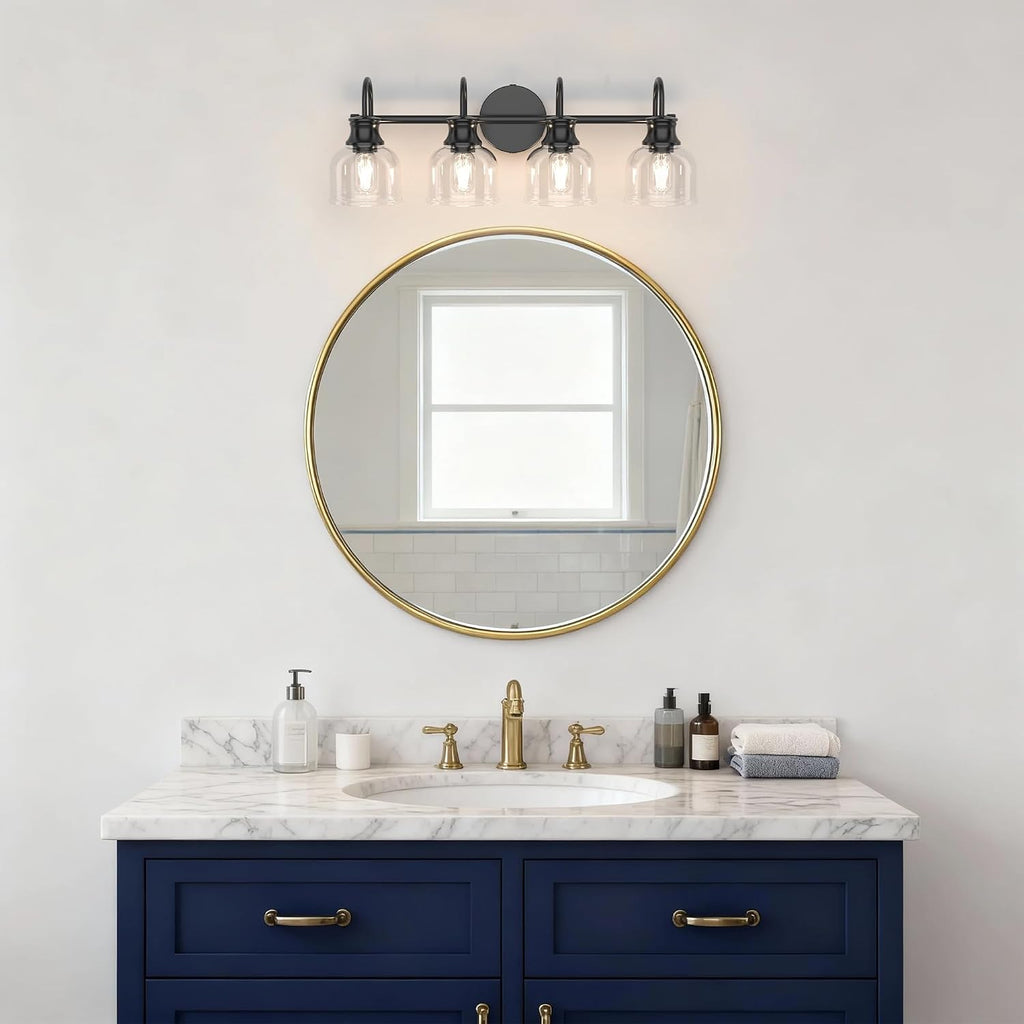 4 Lights Bathroom Vanity Light Fixtures, Matte Black Traditional Classic Vanity Light with Clear Glass, Bathroom Lighting Fixtures Over Mirror