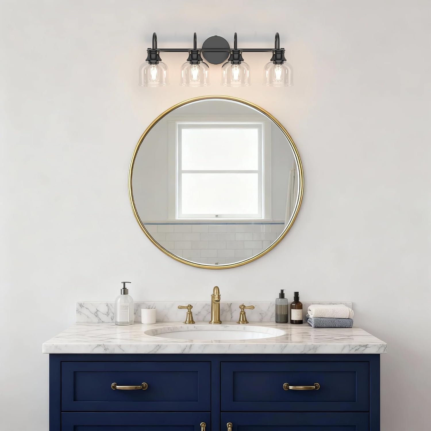 4 Lights Bathroom Vanity Light Fixtures, Matte Black Traditional Classic Vanity Light with Clear Glass, Bathroom Lighting Fixtures Over Mirror