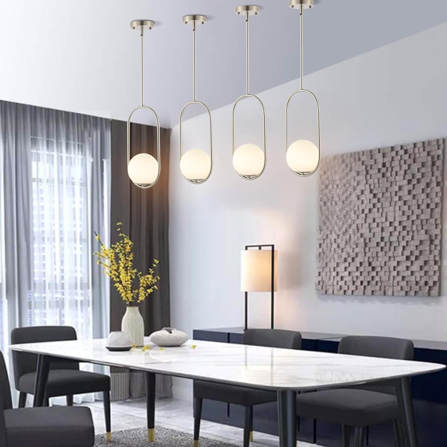 BYOLIIMA Modern Globe Pendant Light Brushed Nickel Chandelier 1-Light Mid Century Ceiling Hanging Lighting Fixture White Globe Glass Shades for Kitchen Island Dining Room Bedroom (2 Pack)