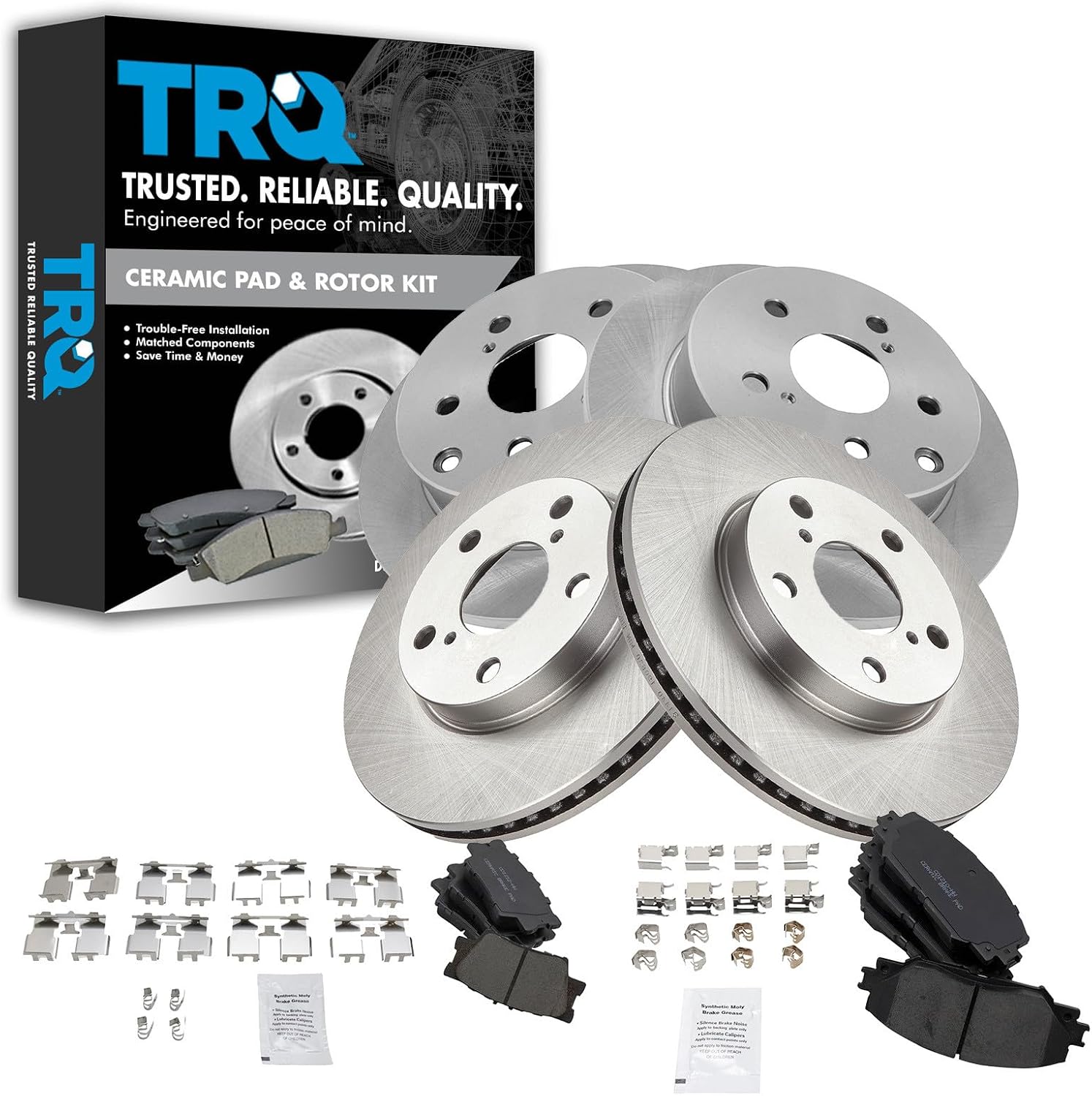 TRQ Front and Rear Brake Pad and Rotor Set Ceramic Vented Solid Rotors Compatible with 2010-2012 Lexus HS250h 2006-2018 Toyota RAV4