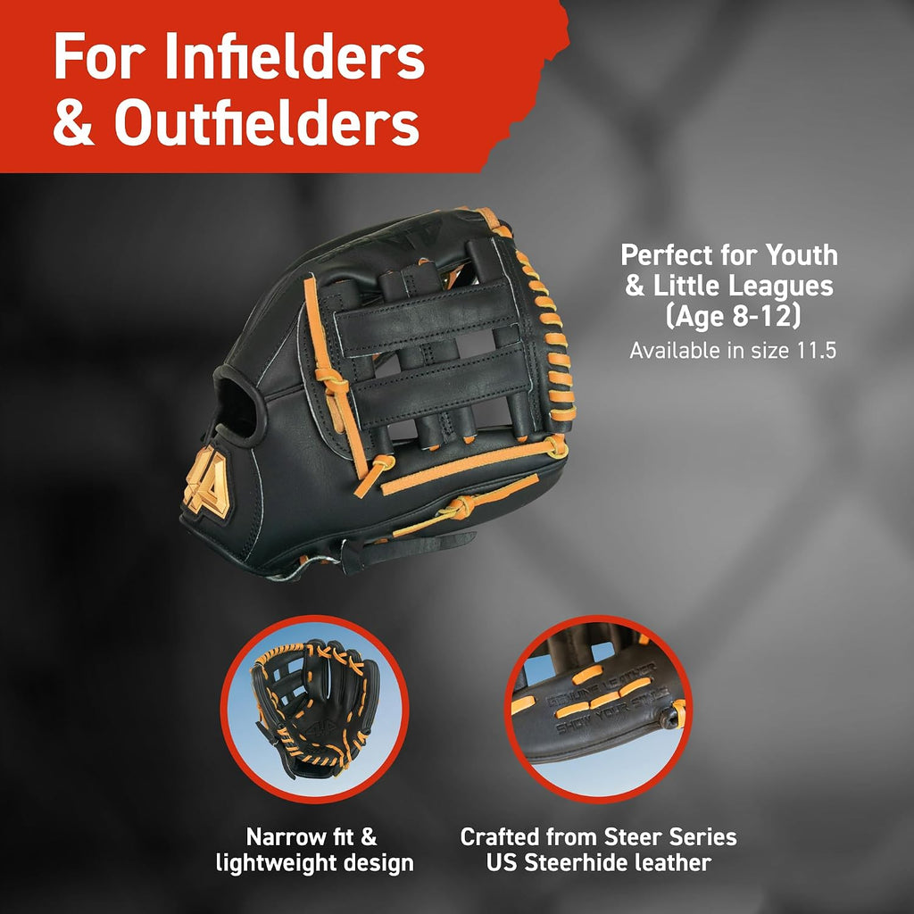44 PRO BB Stock Rise Baseball Glove for Youth & Little Leagues, Age 8-12, Infield & Outfield, 11.5', H-Web, Easy Break-in, Narrow Fit & Lightweight Design