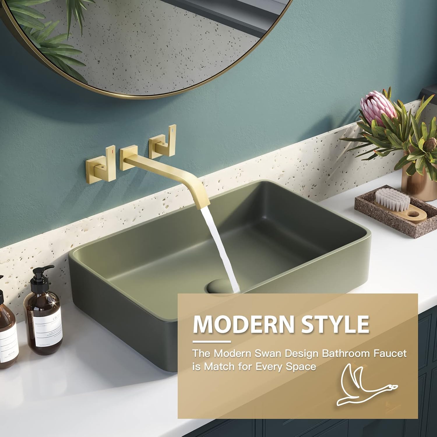 Brass Wall Mount Bathroom Faucet,Brushed Gold Wall Mounted Vessel Sink Faucet with Dual Lever Handles,Widespread 3 Holes Wall Faucet for Vanity Lavatory Sink,Rough in Valve