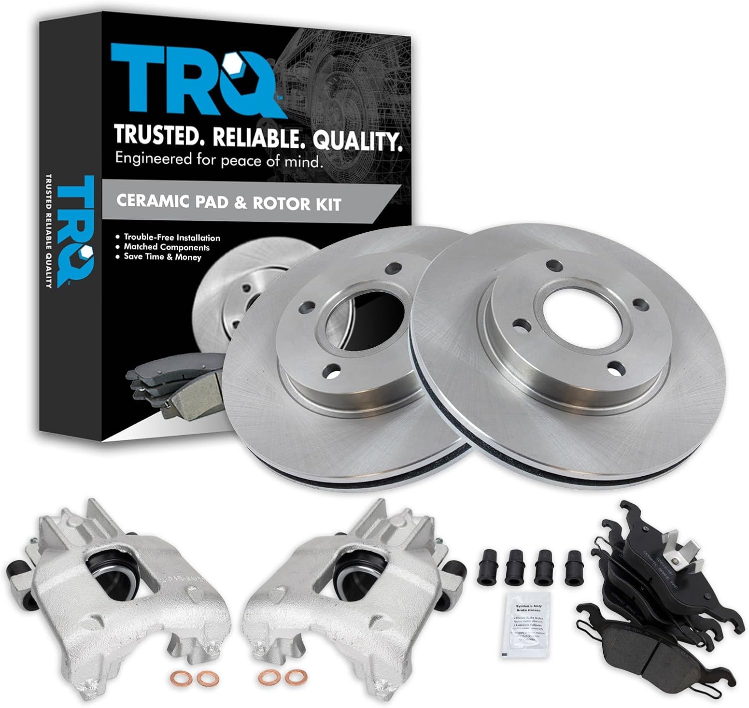 TRQ Front Brake Pad and Rotor Set Ceramic Vented Rotors Calipers Compatible with 2000-2004 Ford Focus
