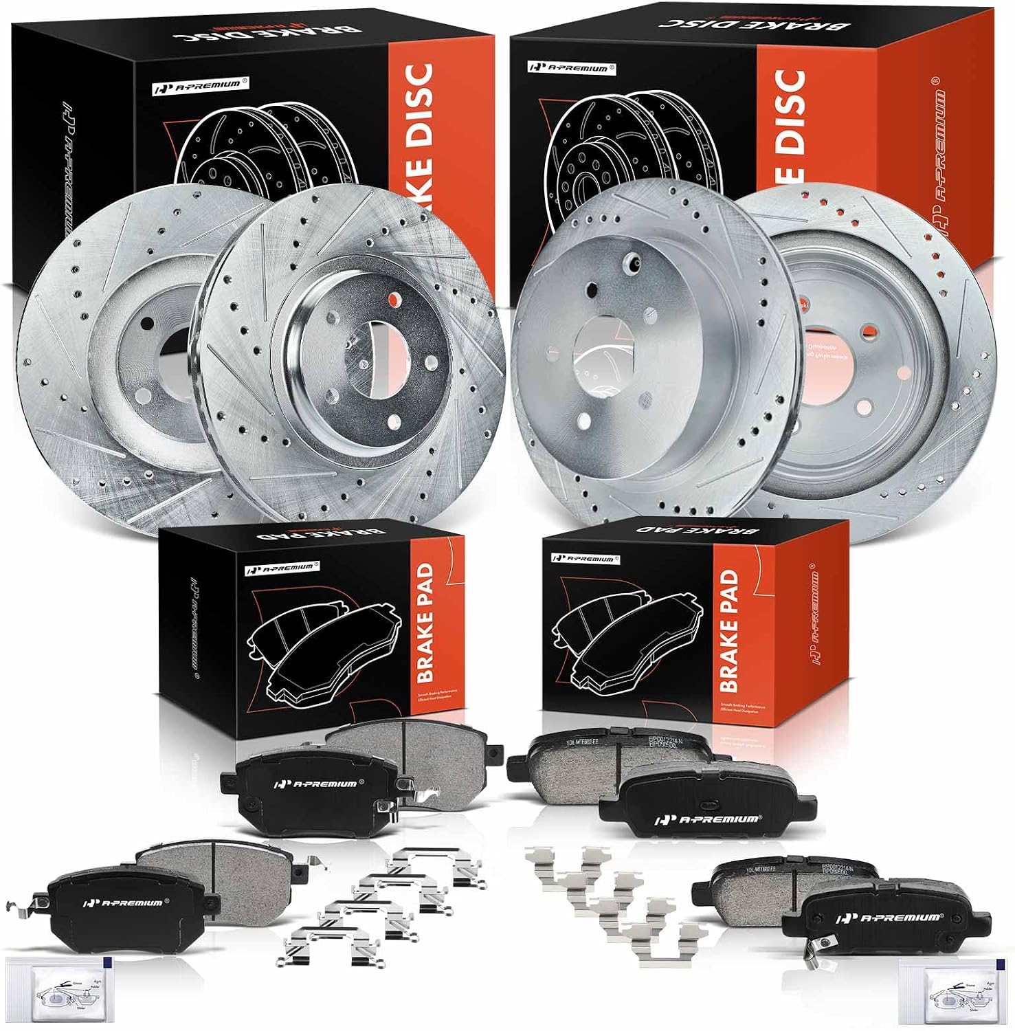 A-Premium Front and Rear Drilled and Slotted Disc Brake Rotors + Ceramic Pads Kit Compatible with Select Nissan & Infiniti Models - Murano 2003-2007/2009-2012, FX35/FX45 2003-2005, 12-PC Set