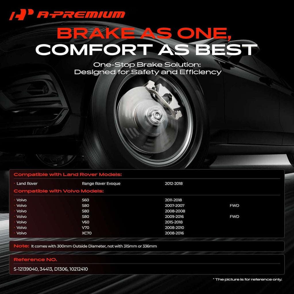 A-Premium 11.81 inch (300mm) Front Drilled and Slotted Disc Brake Rotors + Ceramic Pads Kit Compatible with Select Land Rover and Volvo Models - Range Rover Evoque, S60, XC70, S80, V60, V70, 6-PC Set
