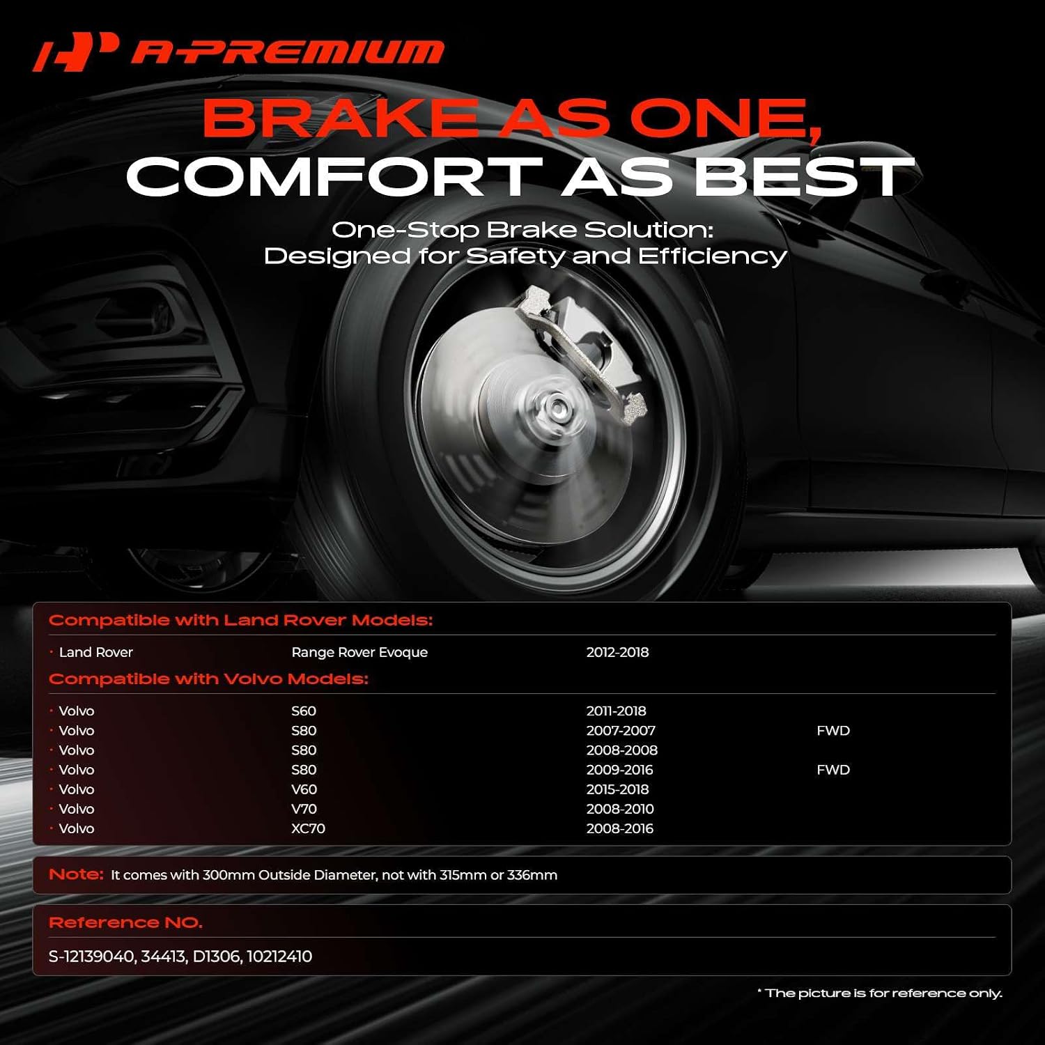 A-Premium 11.81 inch (300mm) Front Drilled and Slotted Disc Brake Rotors + Ceramic Pads Kit Compatible with Select Land Rover and Volvo Models - Range Rover Evoque, S60, XC70, S80, V60, V70, 6-PC Set