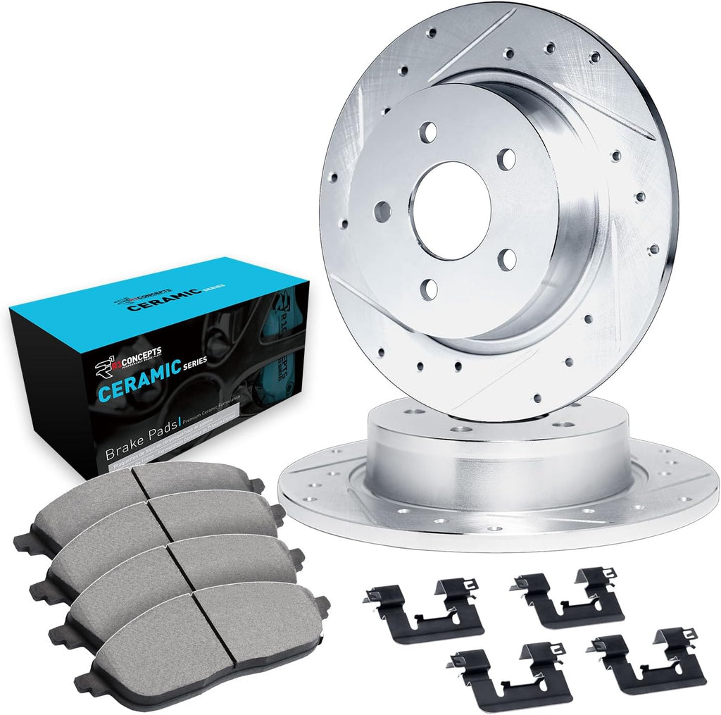 R1 Concepts Rear Brake Kit Fits 2006-2010 Jeep Commander; 2005-2010 Jeep Grand Cherokee| Ceramic Pads, Drilled Slotted Rotors| Hardware| 12.6' Rear